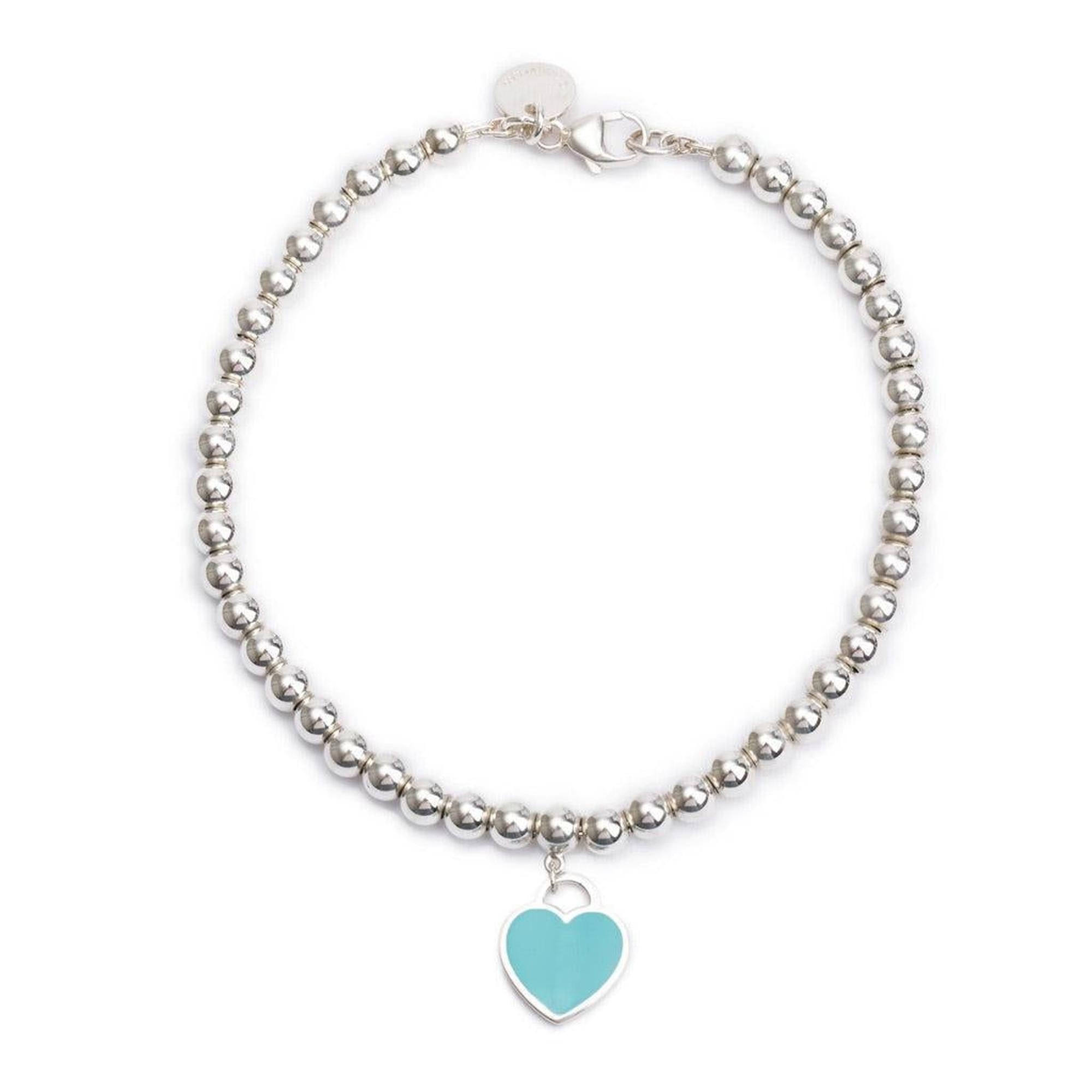 Tiffany & Co. Sterling Silver Return to Tiffany Mini Heart Tag 4 MM Bead Bracelet with Blue Enamel