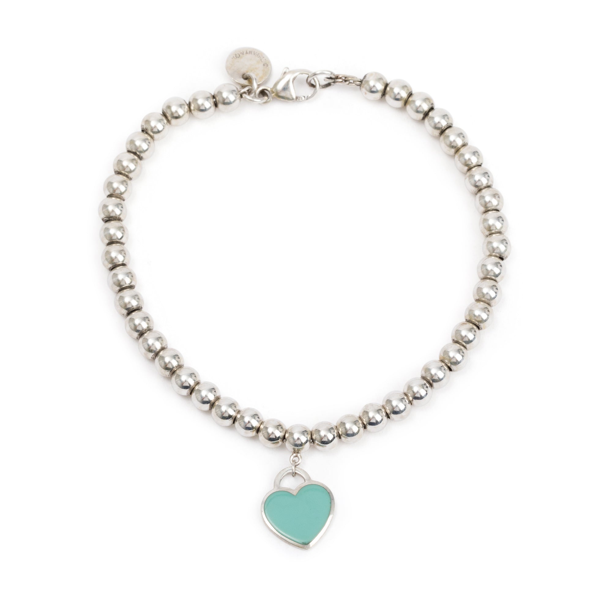 Tiffany & Co. Sterling Silver Return to Tiffany Mini Heart Tag 4 MM Bead Bracelet with Blue Enamel