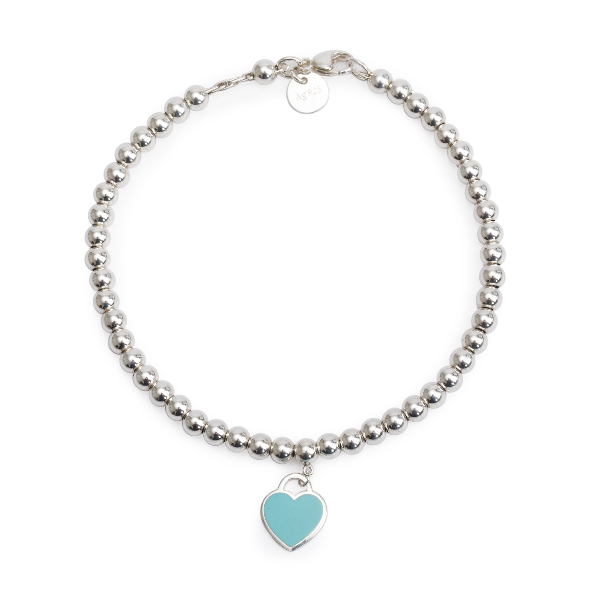 Tiffany & Co. Sterling Silver Return to Tiffany Mini Heart Tag 4 MM Bead Bracelet with Blue Enamel