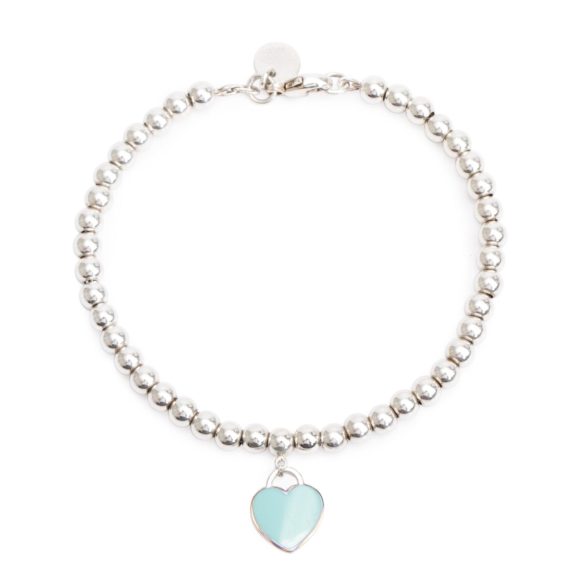 Tiffany & Co. Sterling Silver Return to Tiffany Mini Heart Tag 4 MM Bead Bracelet with Blue Enamel