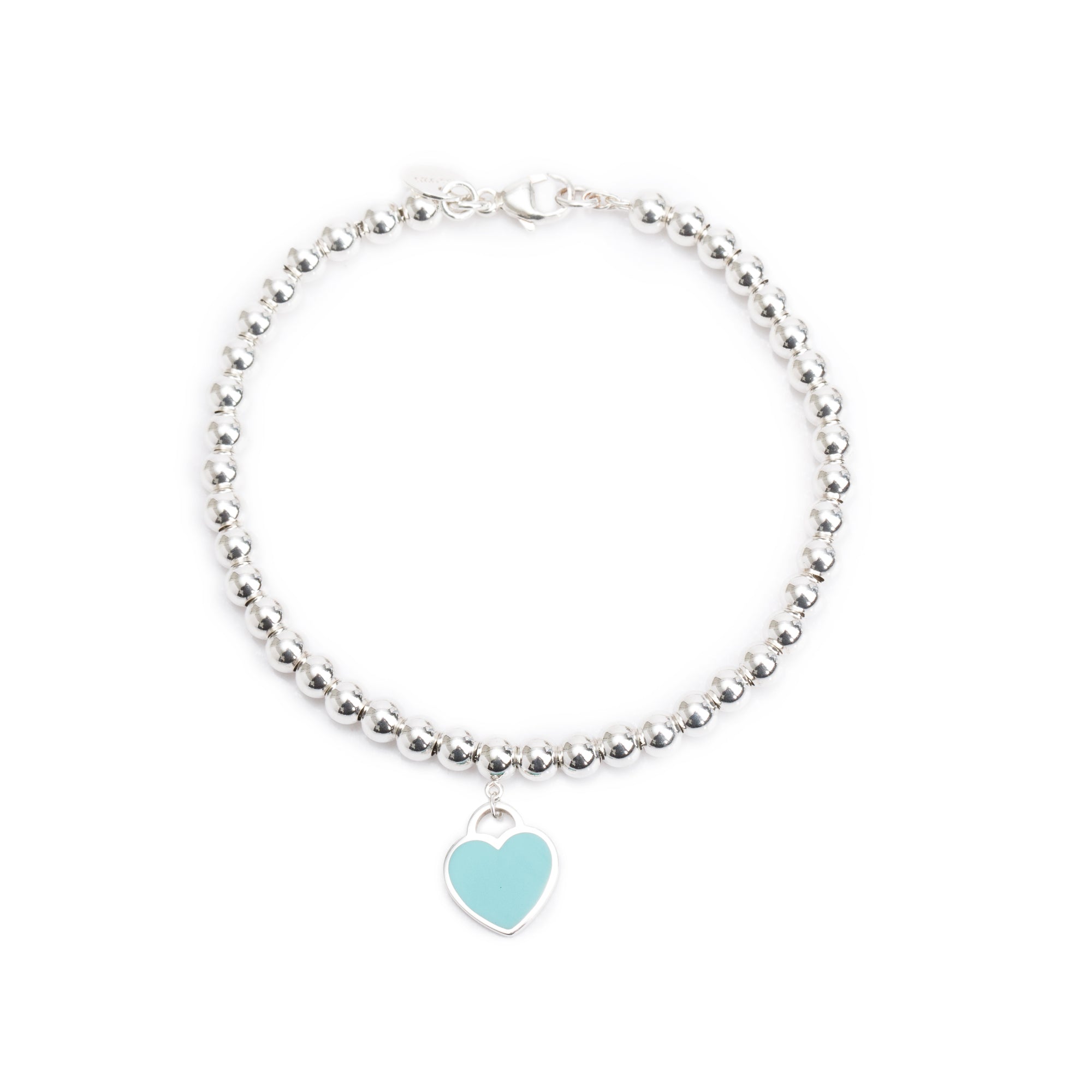 Tiffany & Co. Sterling Silver Return to Tiffany Mini Heart Tag 4 MM Bead Bracelet with Blue Enamel