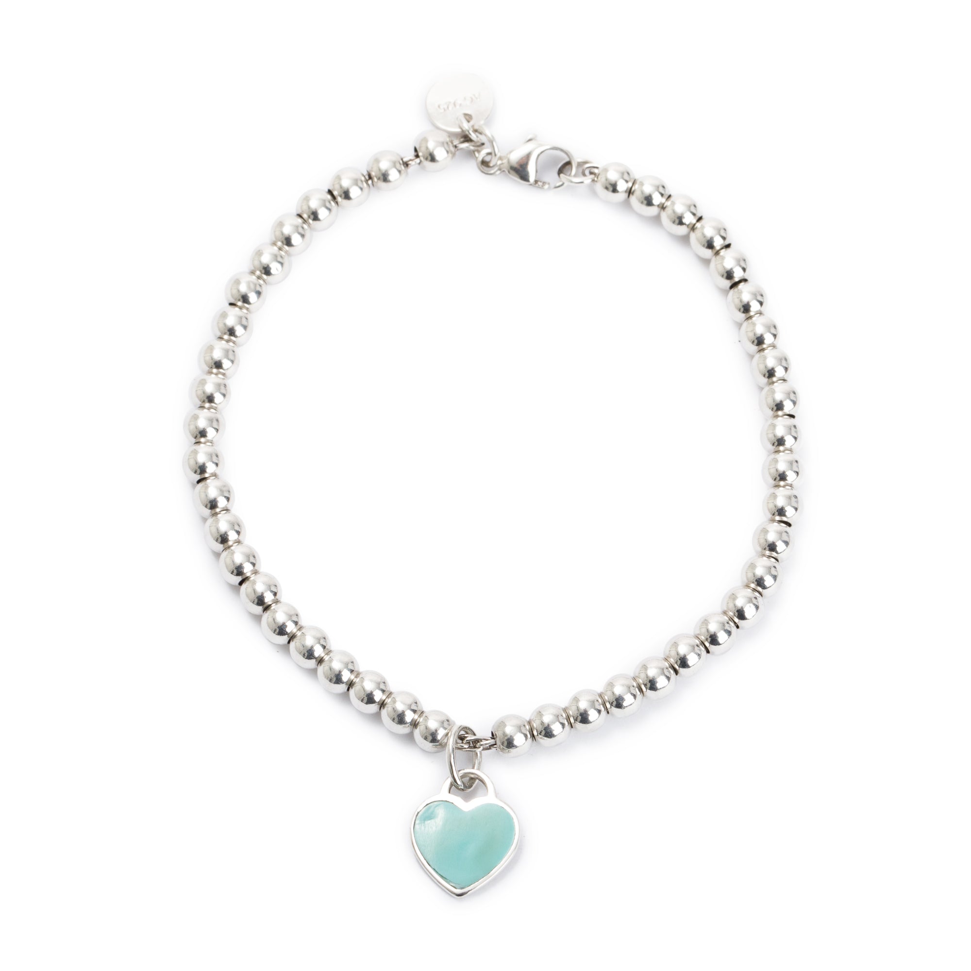 Tiffany & Co. Sterling Silver Return to Tiffany Mini Heart Tag 4 MM Bead Bracelet with Blue Enamel