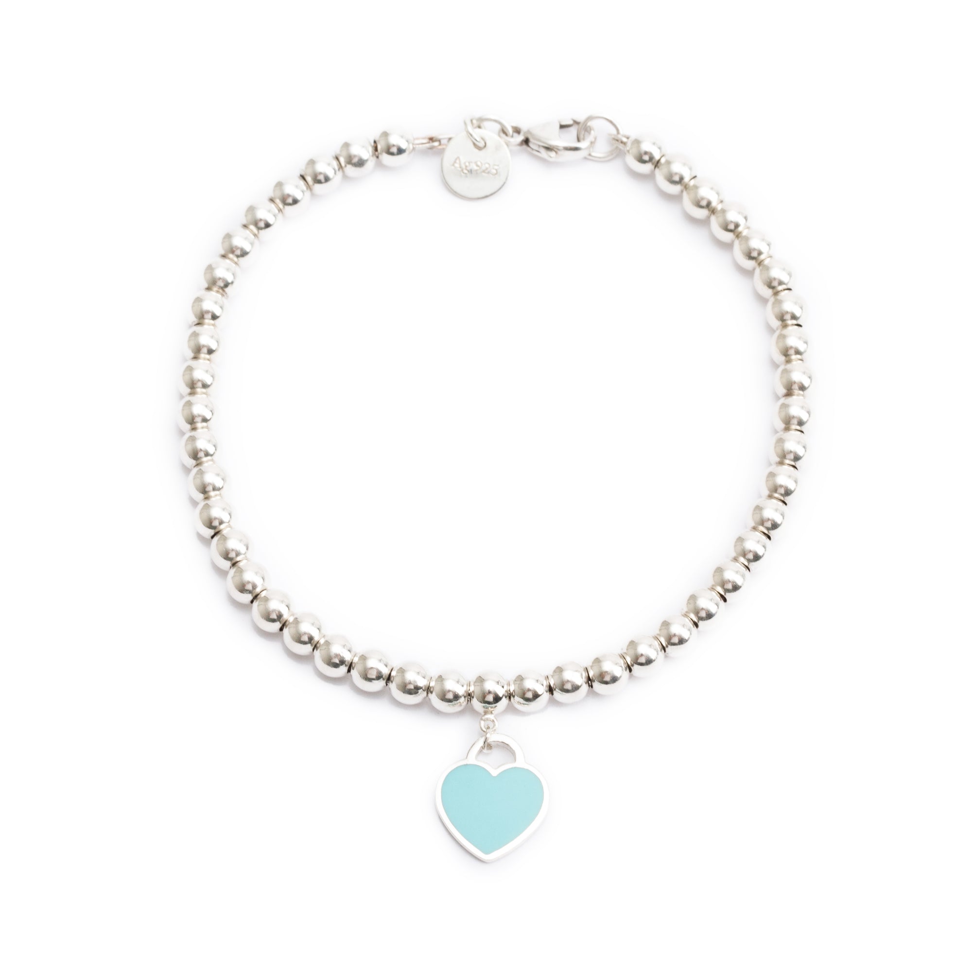 Tiffany & Co. Sterling Silver Return to Tiffany Mini Heart Tag 4 MM Bead Bracelet with Blue Enamel
