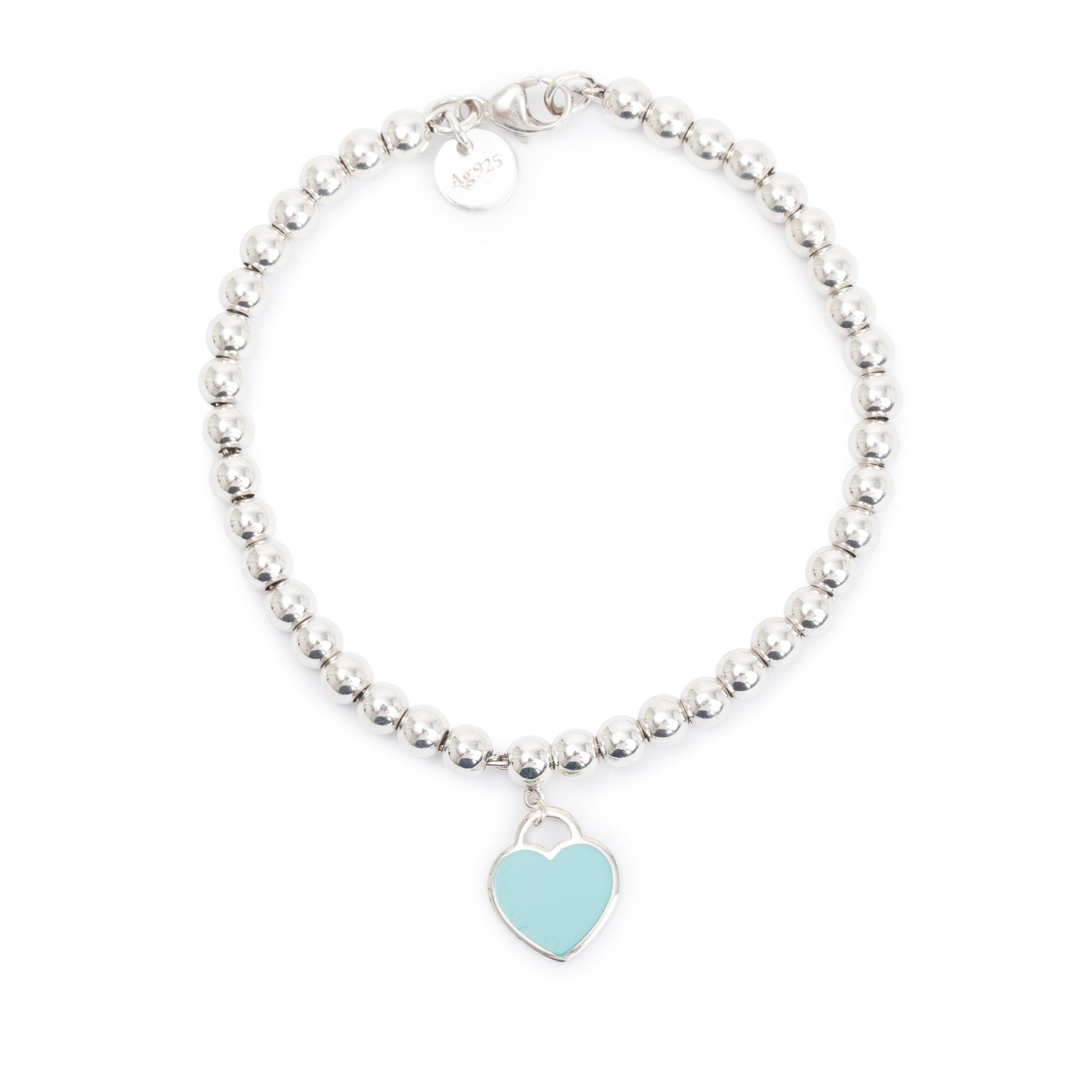 Tiffany & Co. Sterling Silver Return to Tiffany Mini Heart Tag 4 MM Bead Bracelet with Blue Enamel