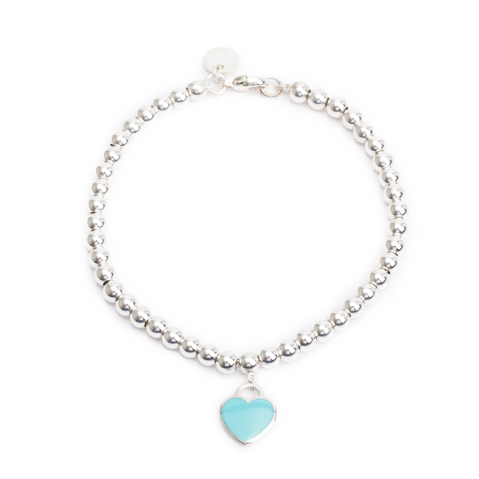 Tiffany & Co. Sterling Silver Return to Tiffany Mini Heart Tag 4 MM Bead Bracelet with Blue Enamel