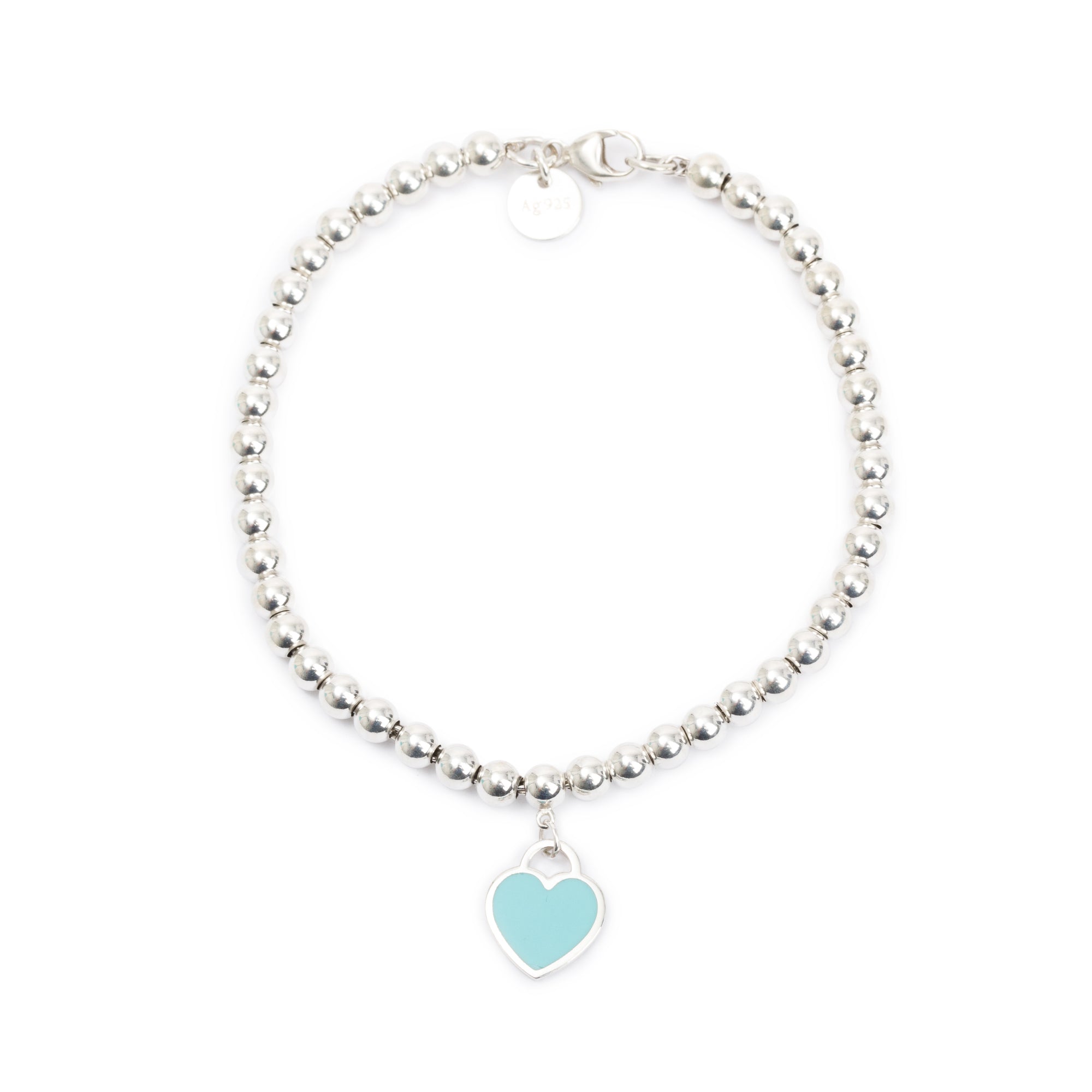 Tiffany & Co. Sterling Silver Return to Tiffany Mini Heart Tag 4 MM Bead Bracelet with Blue Enamel