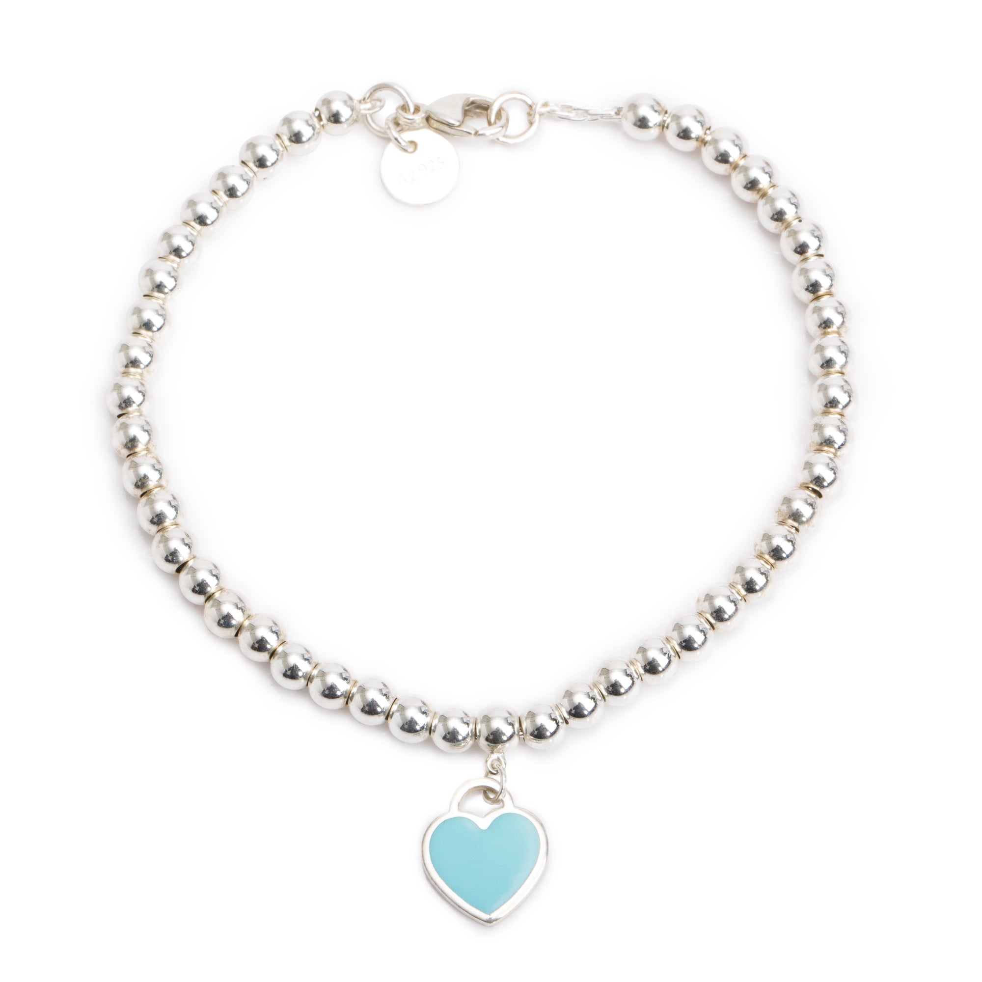 Tiffany & Co. Sterling Silver Return to Tiffany Mini Heart Tag 4 MM Bead Bracelet with Blue Enamel