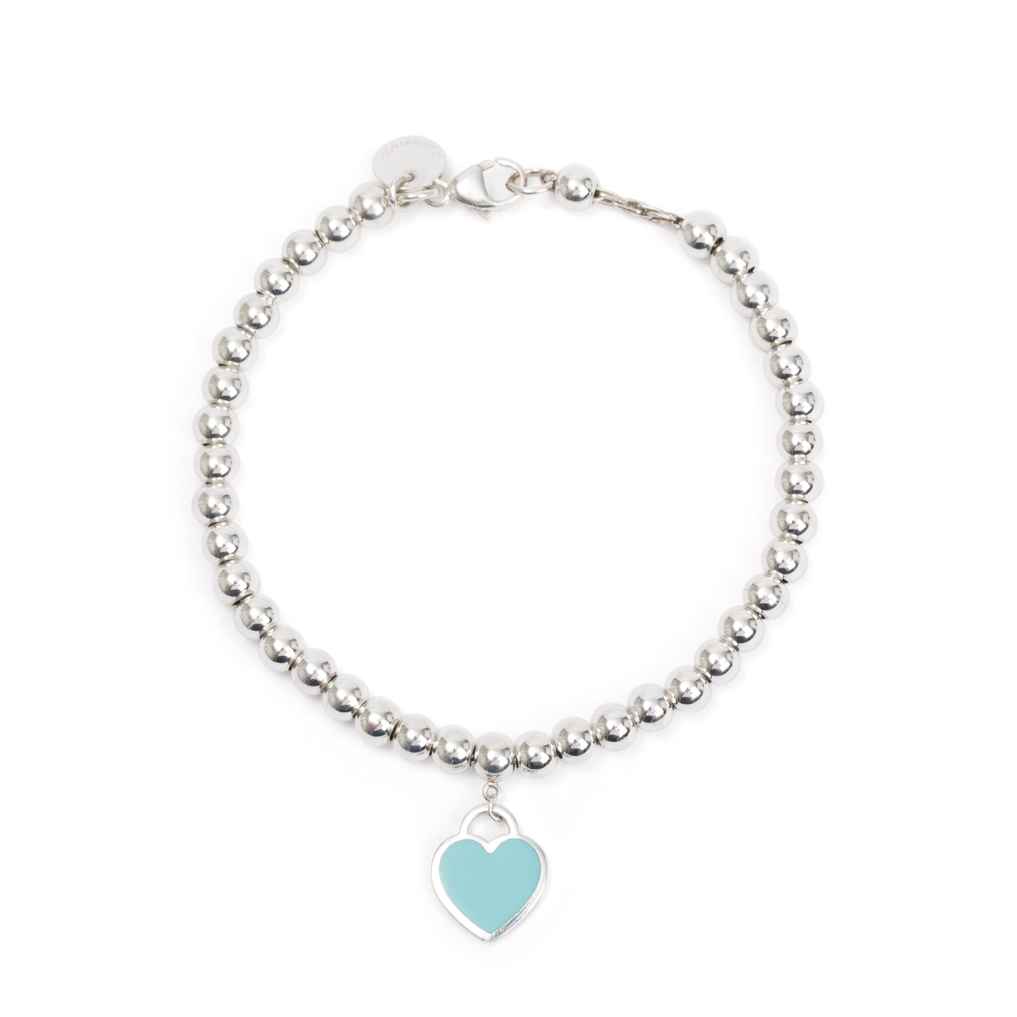 Tiffany & Co. Sterling Silver Return to Tiffany Mini Heart Tag 4 MM Bead Bracelet with Blue Enamel