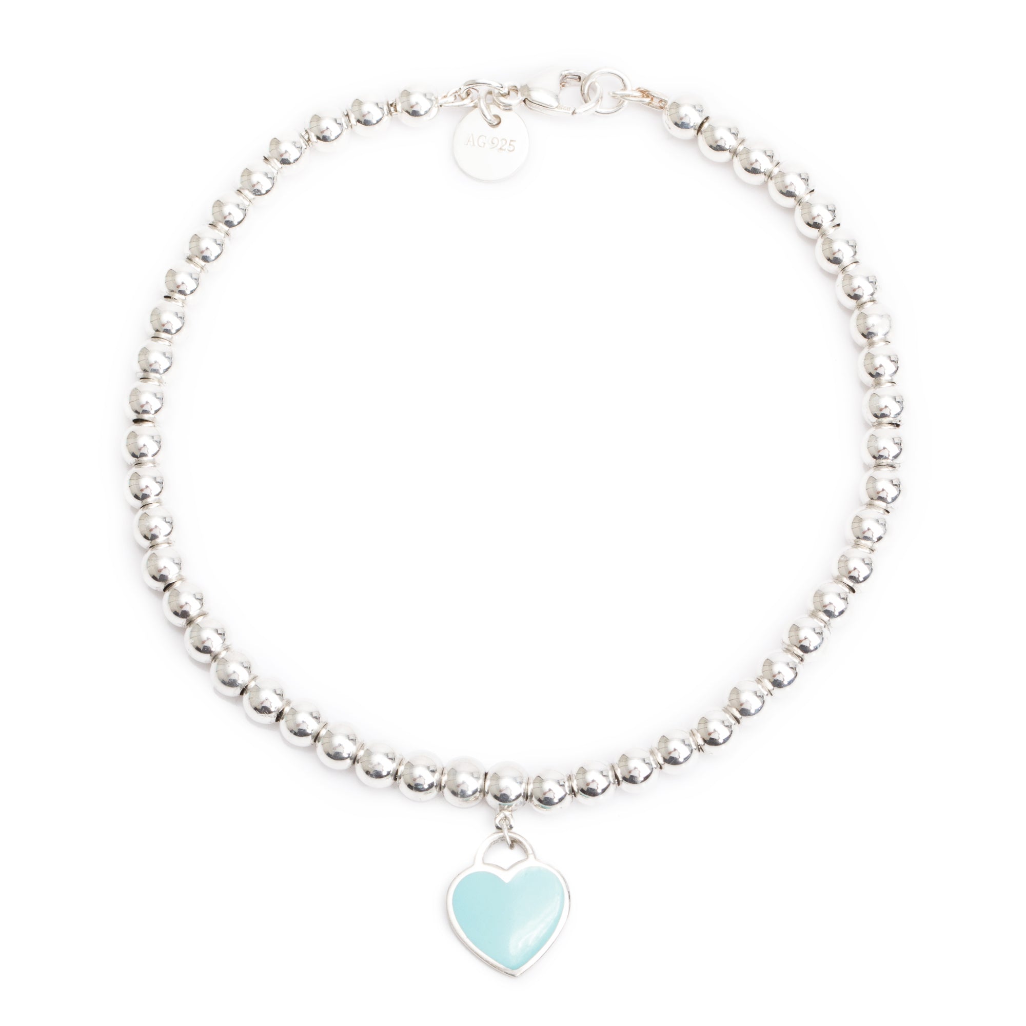 Tiffany & Co. Sterling Silver Return to Tiffany Mini Heart Tag 4 MM Bead Bracelet with Blue Enamel
