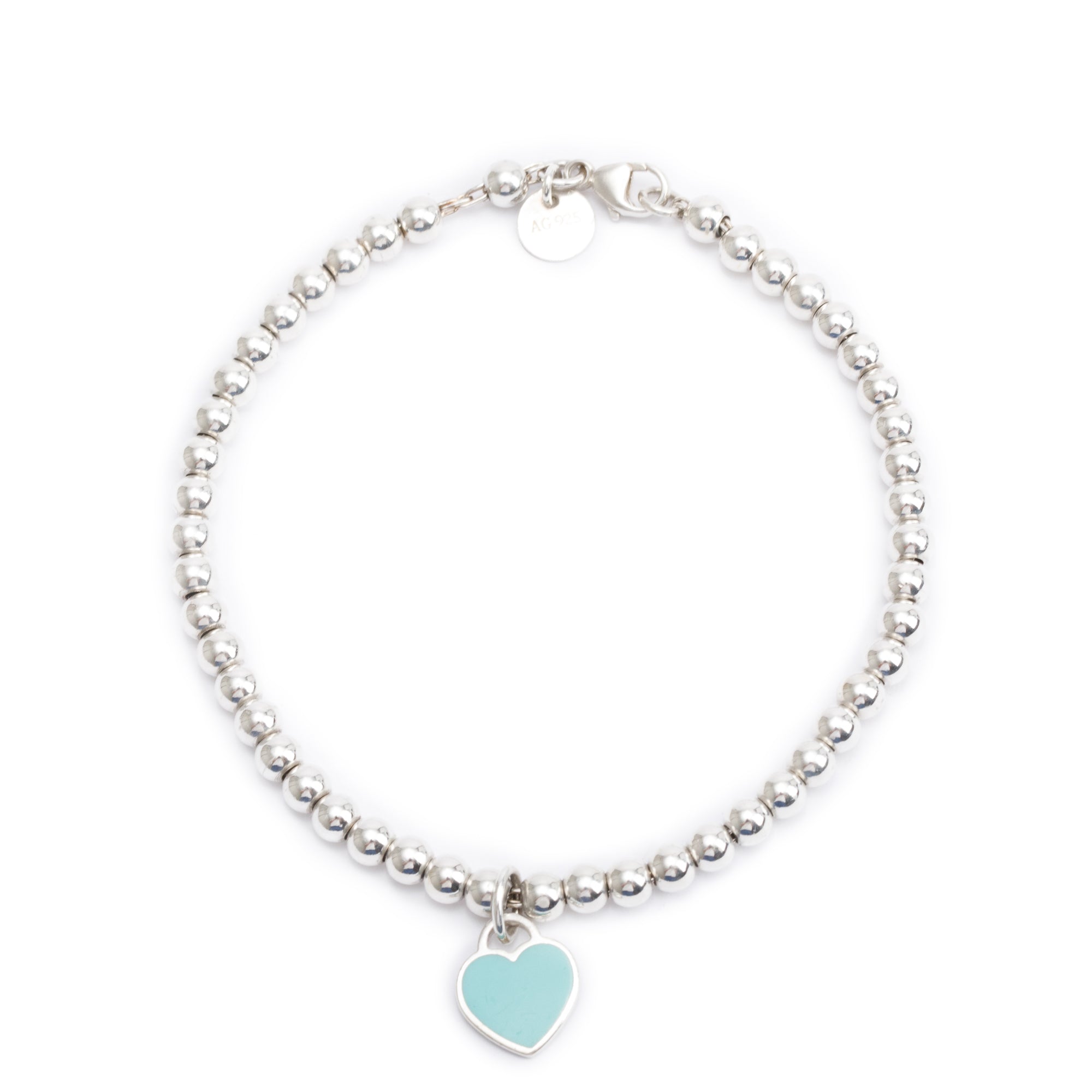 Tiffany & Co. Sterling Silver Return to Tiffany Mini Heart Tag 4 MM Bead Bracelet with Blue Enamel