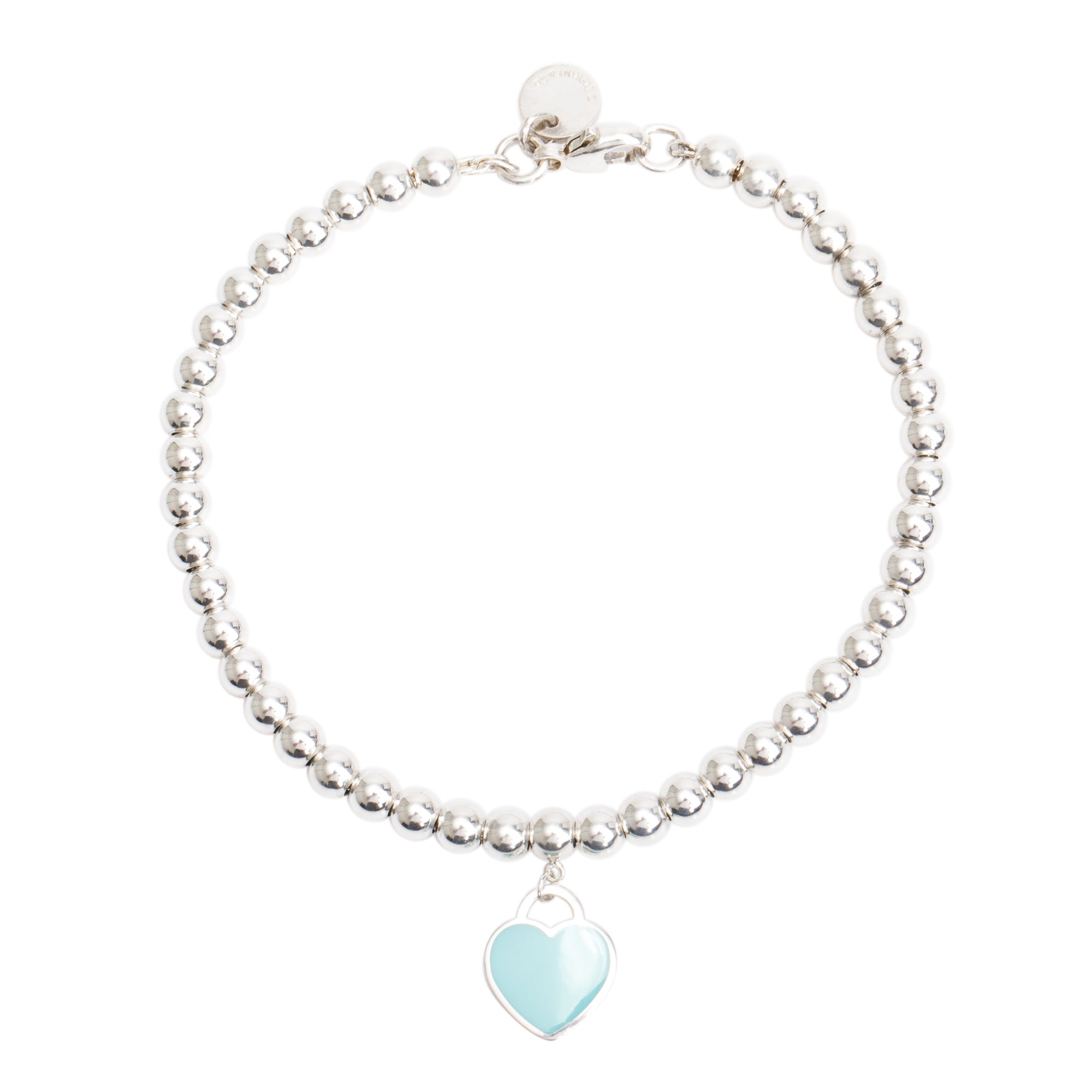 Tiffany & Co. Sterling Silver Return to Tiffany Mini Heart Tag 4 MM Bead Bracelet with Blue Enamel