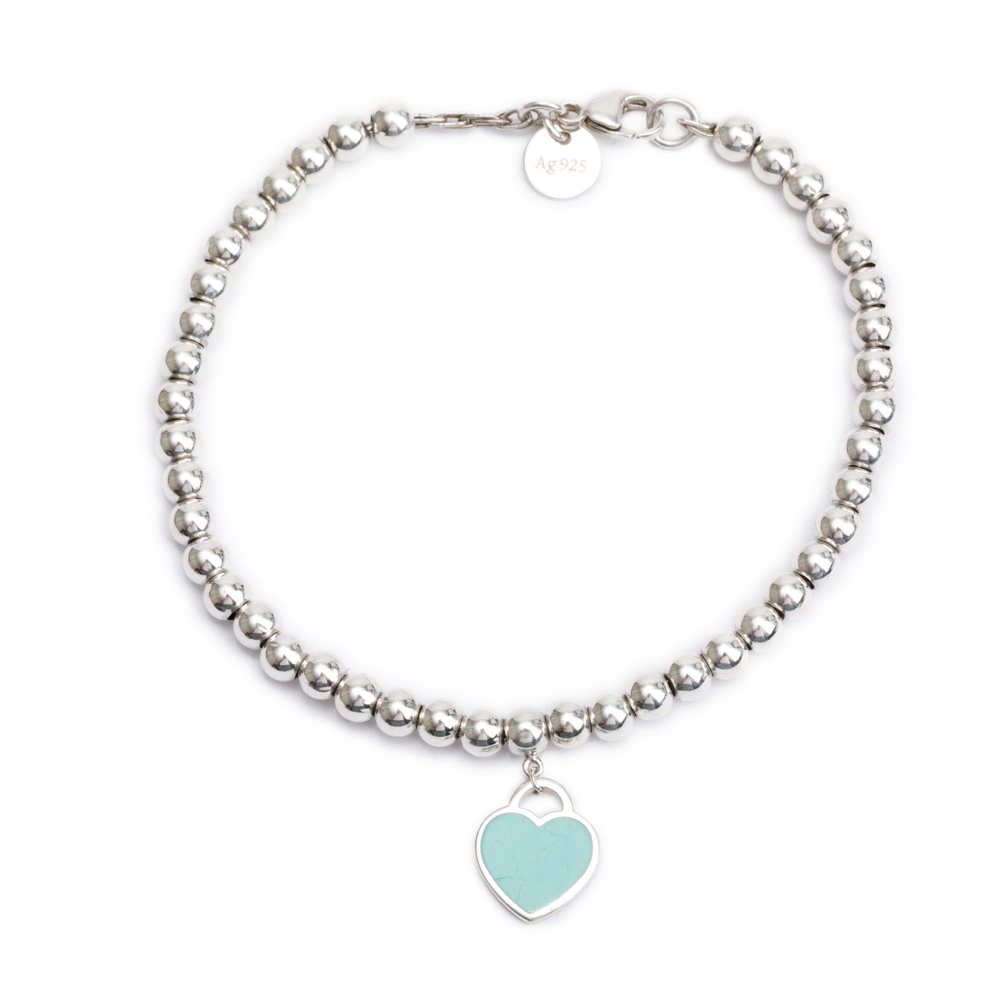 Tiffany & Co. Sterling Silver Return to Tiffany Mini Heart Tag 4 MM Bead Bracelet with Blue Enamel
