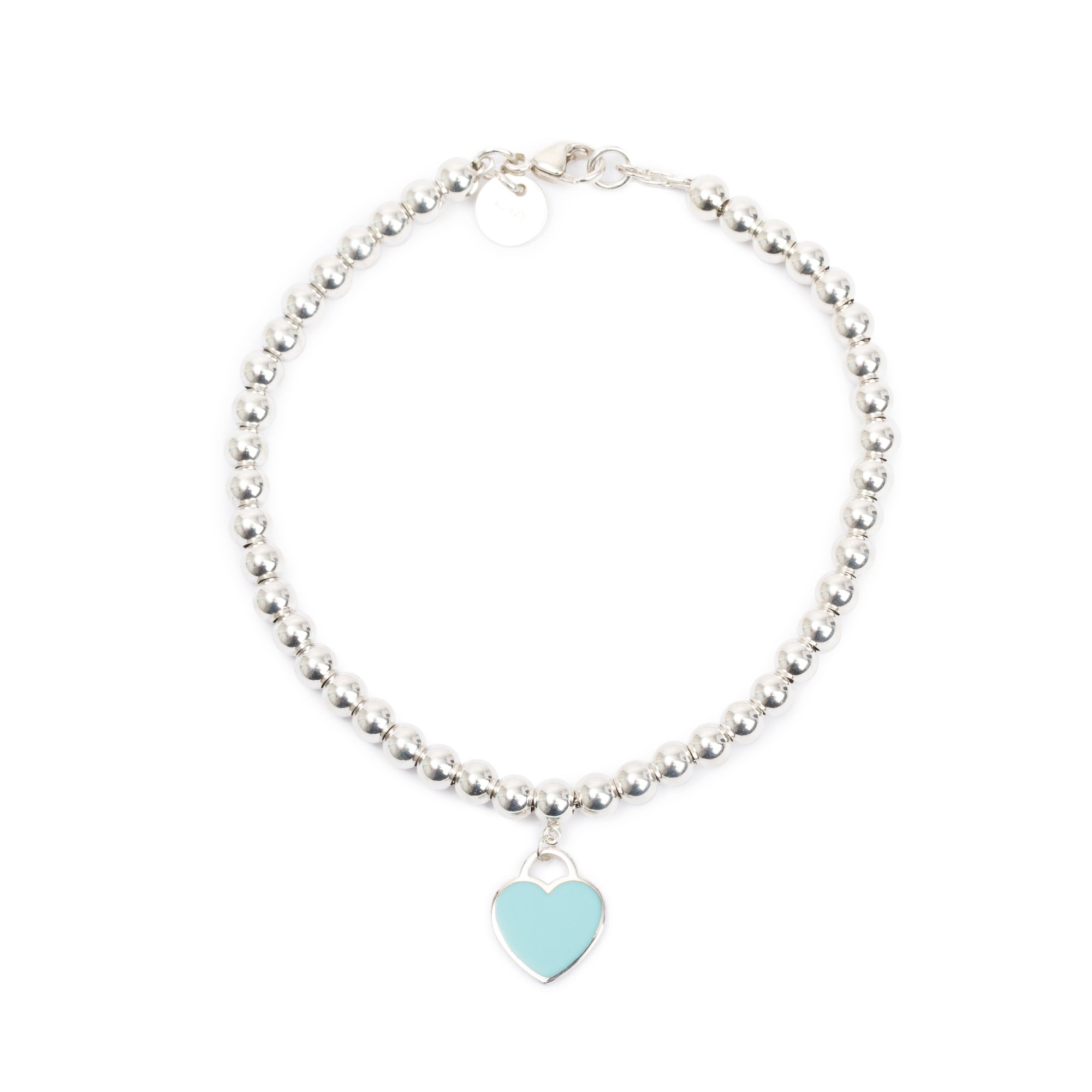 Tiffany & Co. Sterling Silver Return to Tiffany Mini Heart Tag 4 MM Bead Bracelet with Blue Enamel