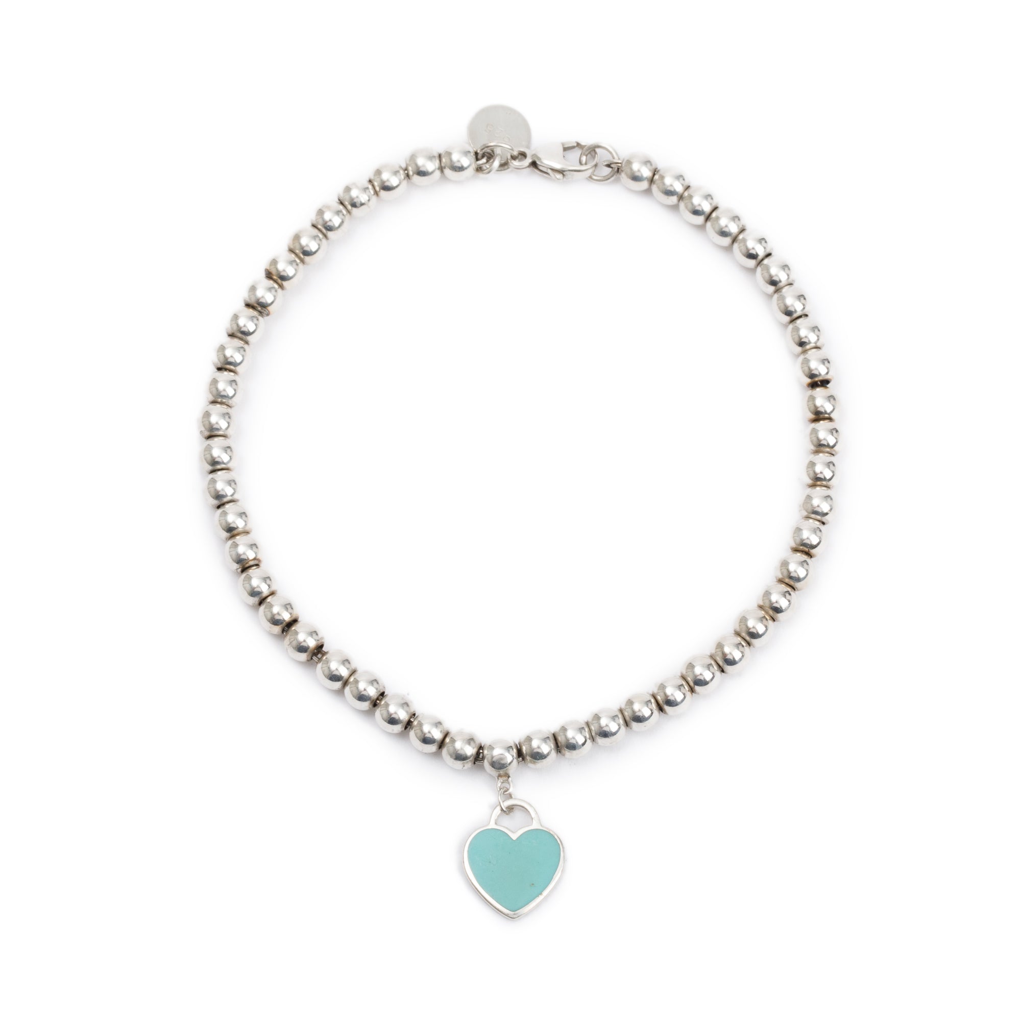 Tiffany & Co. Sterling Silver Return to Tiffany Mini Heart Tag 4 MM Bead Bracelet with Blue Enamel