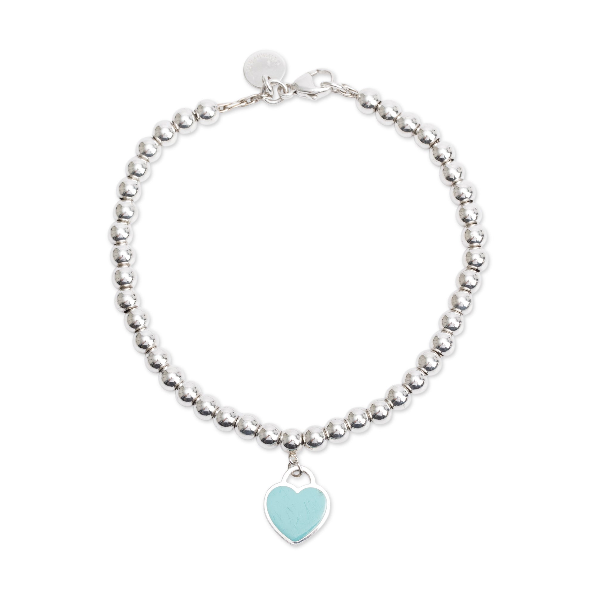 Tiffany & Co. Sterling Silver Return to Tiffany Mini Heart Tag 4 MM Bead Bracelet with Blue Enamel