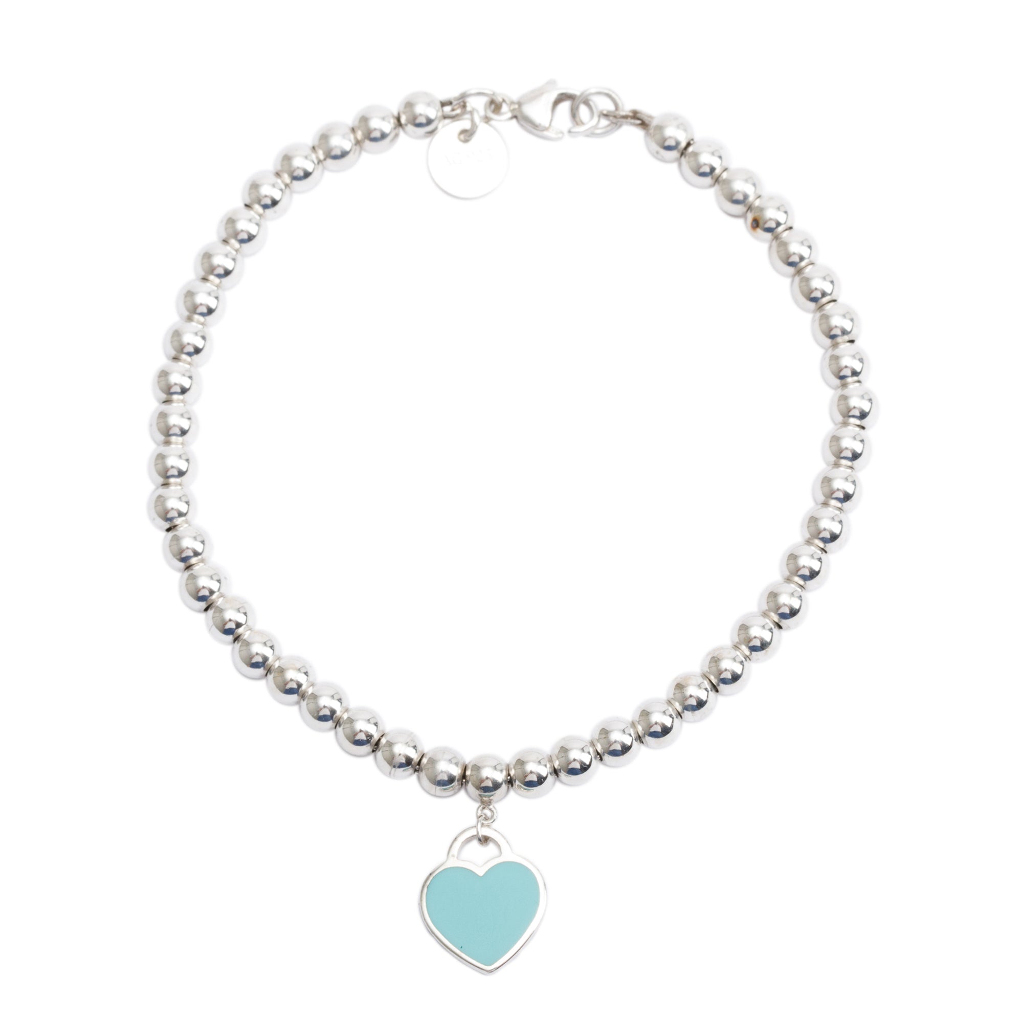 Tiffany & Co. Sterling Silver Return to Tiffany Mini Heart Tag 4 MM Bead Bracelet with Blue Enamel