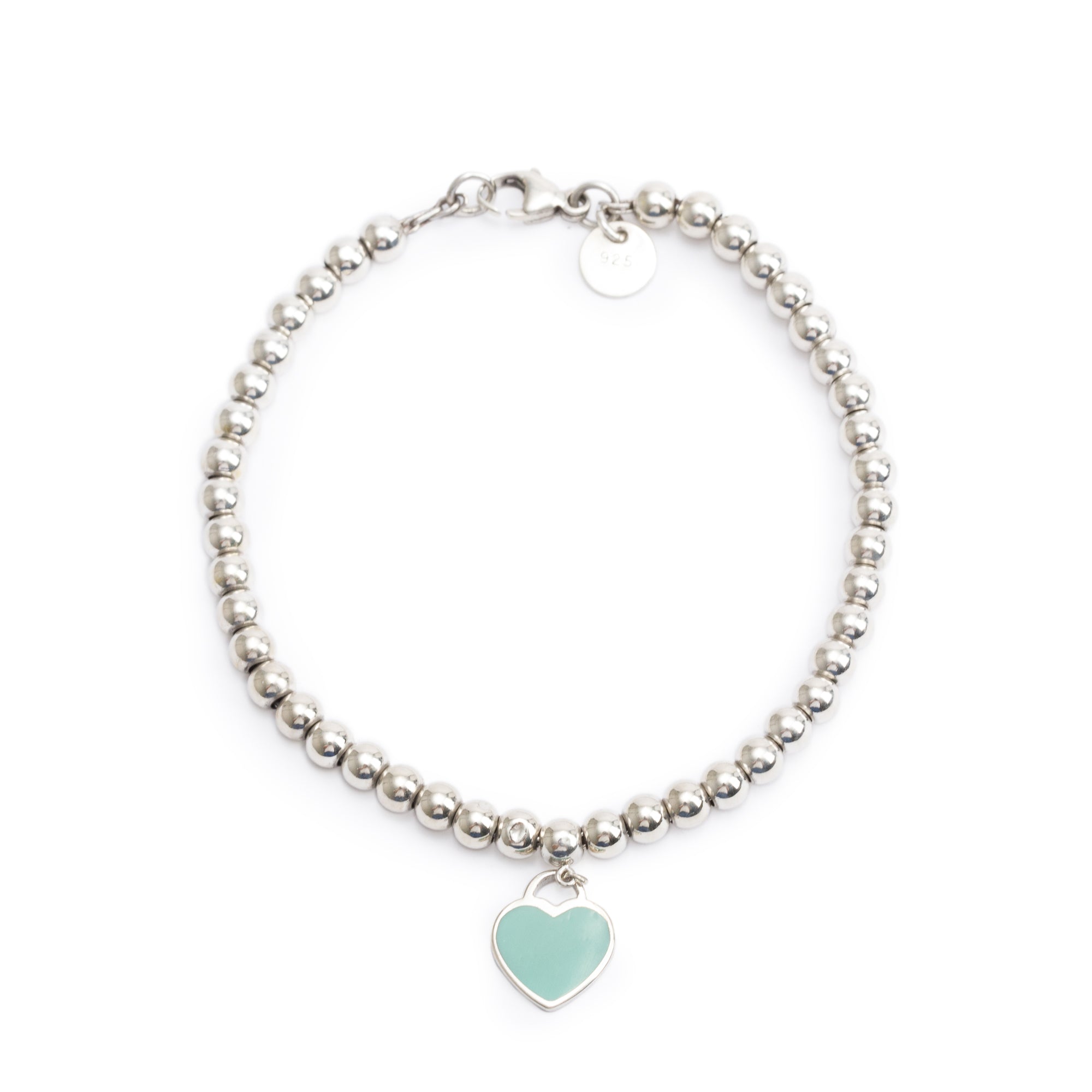 Tiffany & Co. Sterling Silver Return to Tiffany Mini Heart Tag 4 MM Bead Bracelet with Blue Enamel