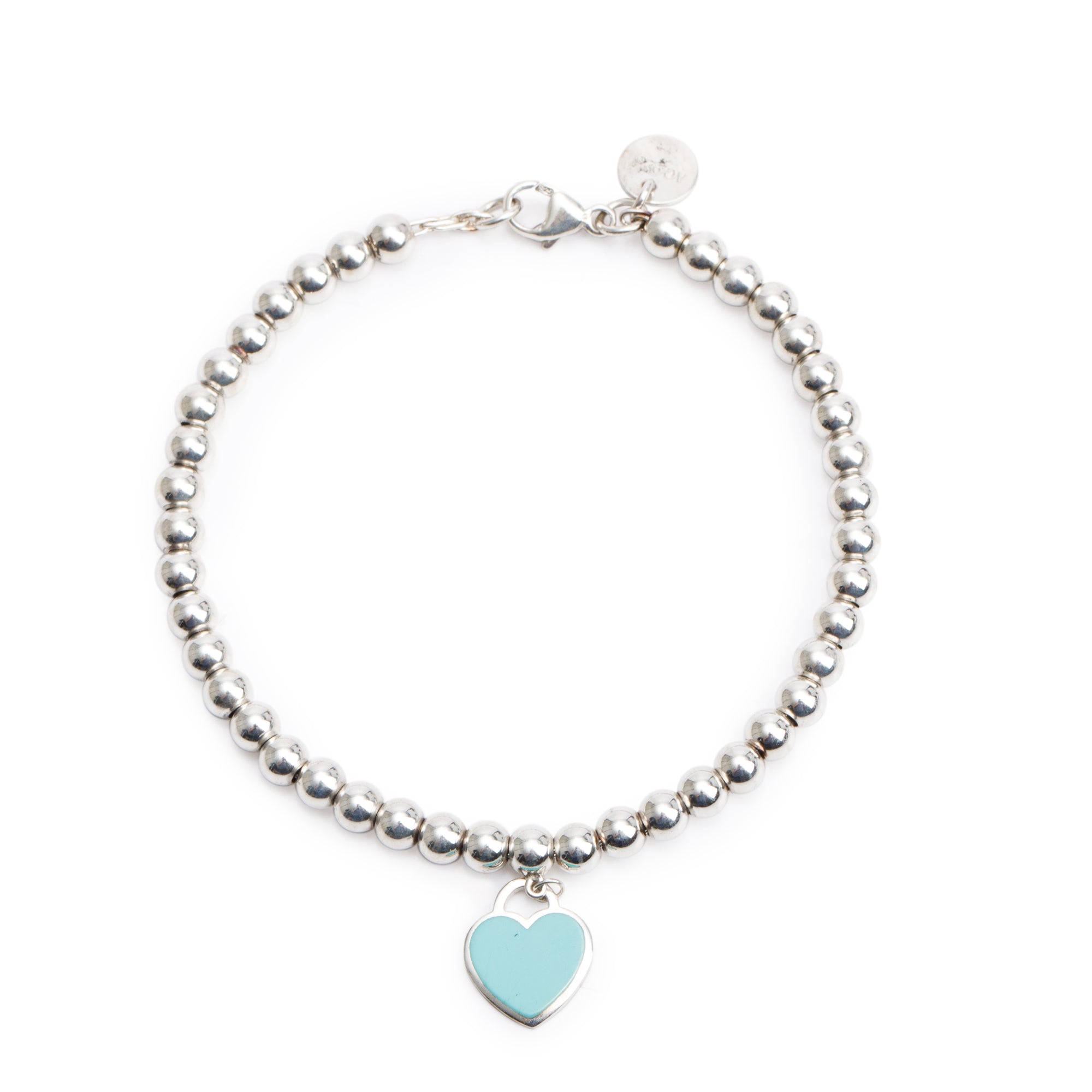 Tiffany & Co. Sterling Silver Return to Tiffany Mini Heart Tag 4 MM Bead Bracelet with Blue Enamel
