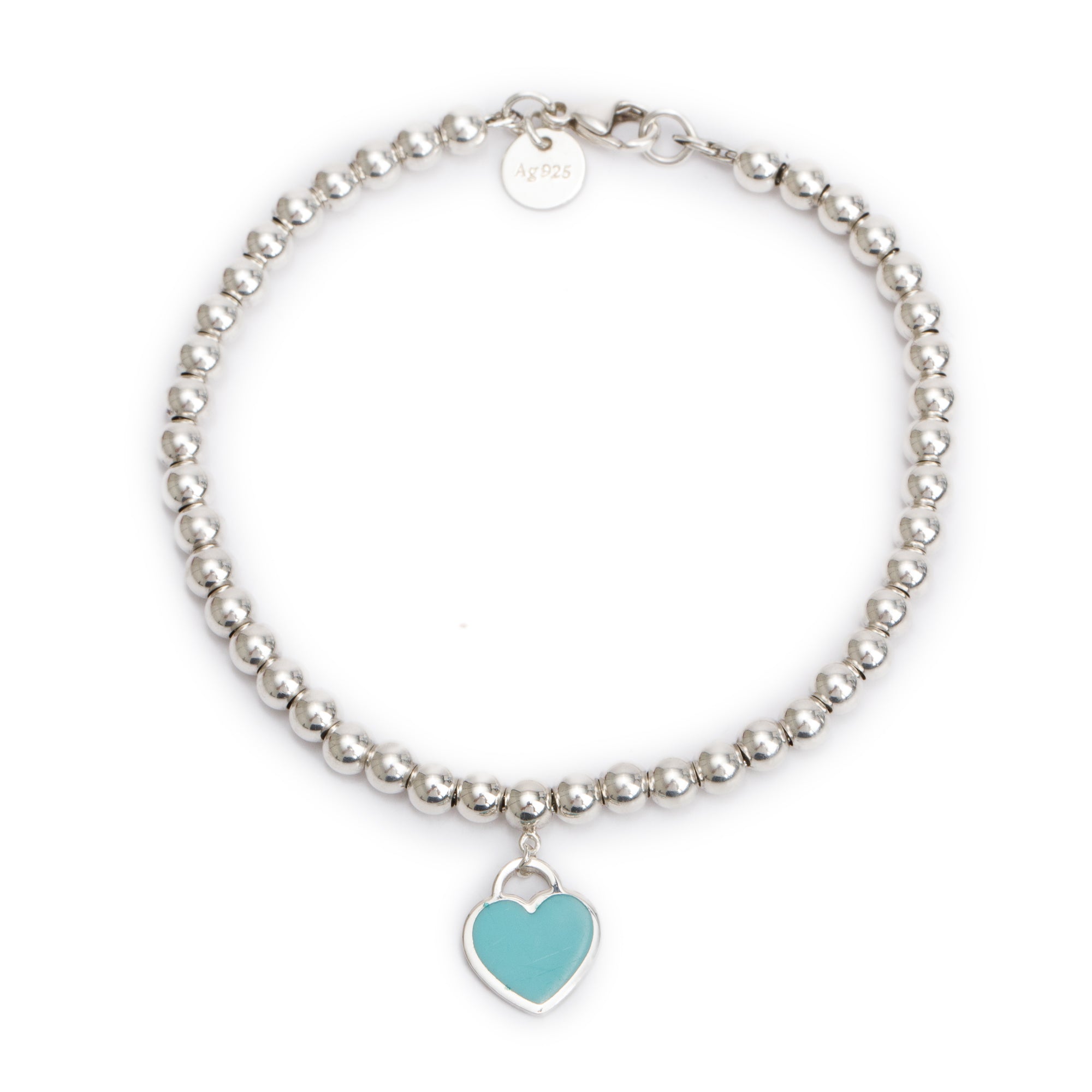 Tiffany & Co. Sterling Silver Return to Tiffany Mini Heart Tag 4 MM Bead Bracelet with Blue Enamel