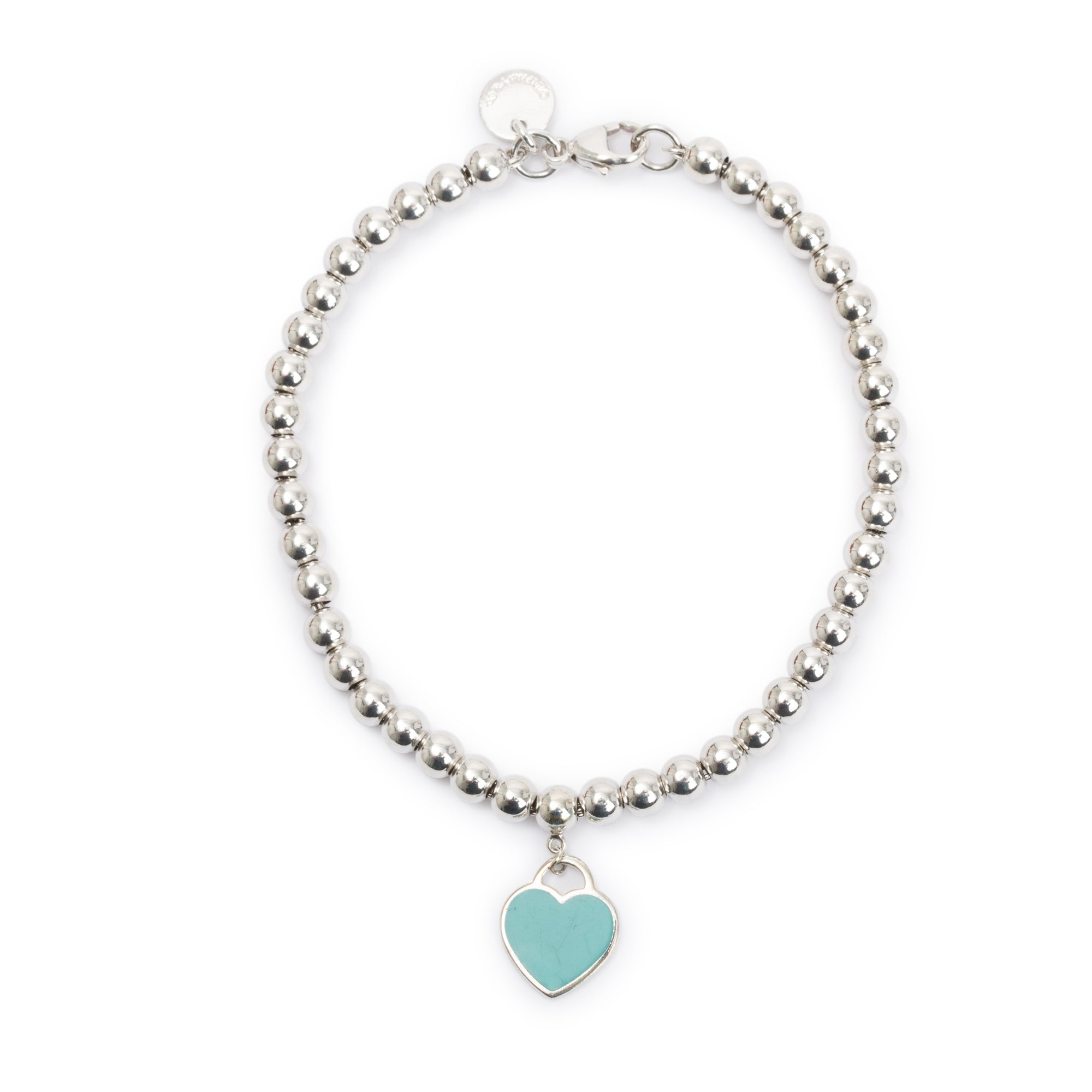 Tiffany & Co. Sterling Silver Return to Tiffany Mini Heart Tag 4 MM Bead Bracelet with Blue Enamel