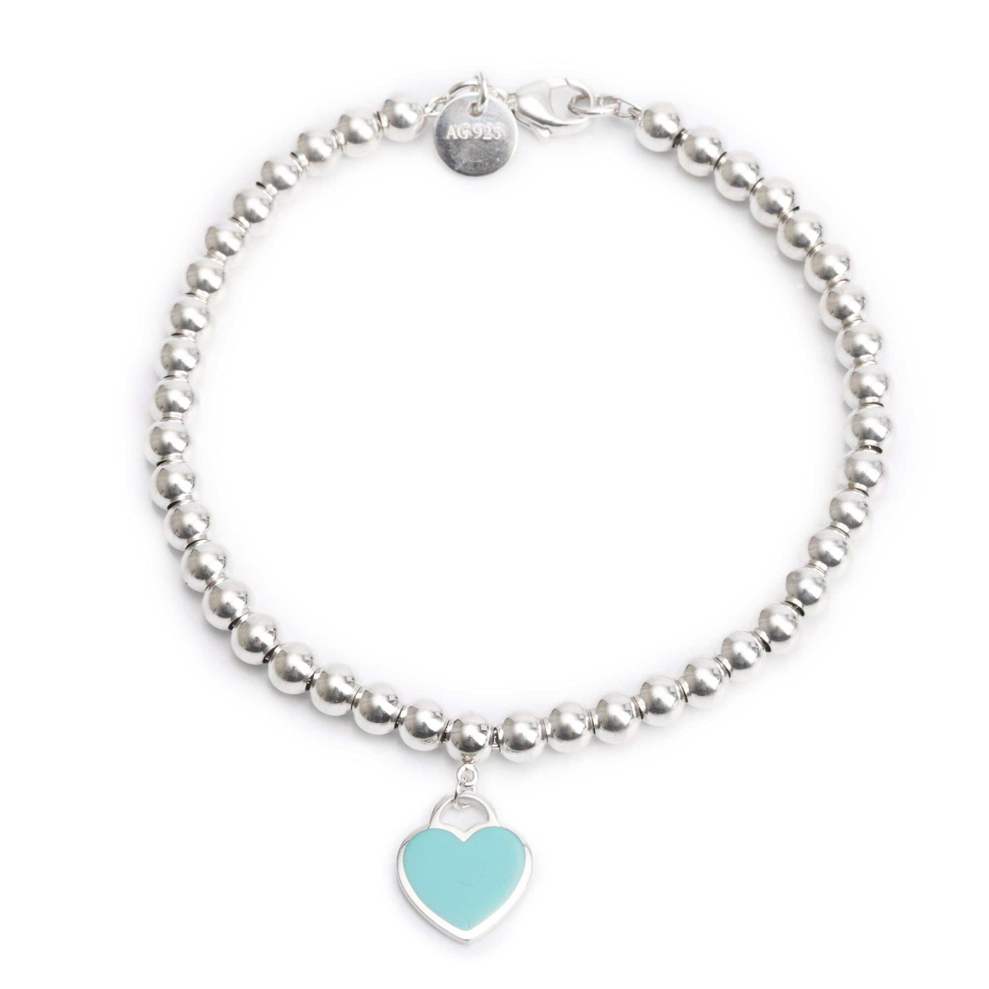 Tiffany & Co. Sterling Silver Return to Tiffany Mini Heart Tag 4 MM Bead Bracelet with Blue Enamel