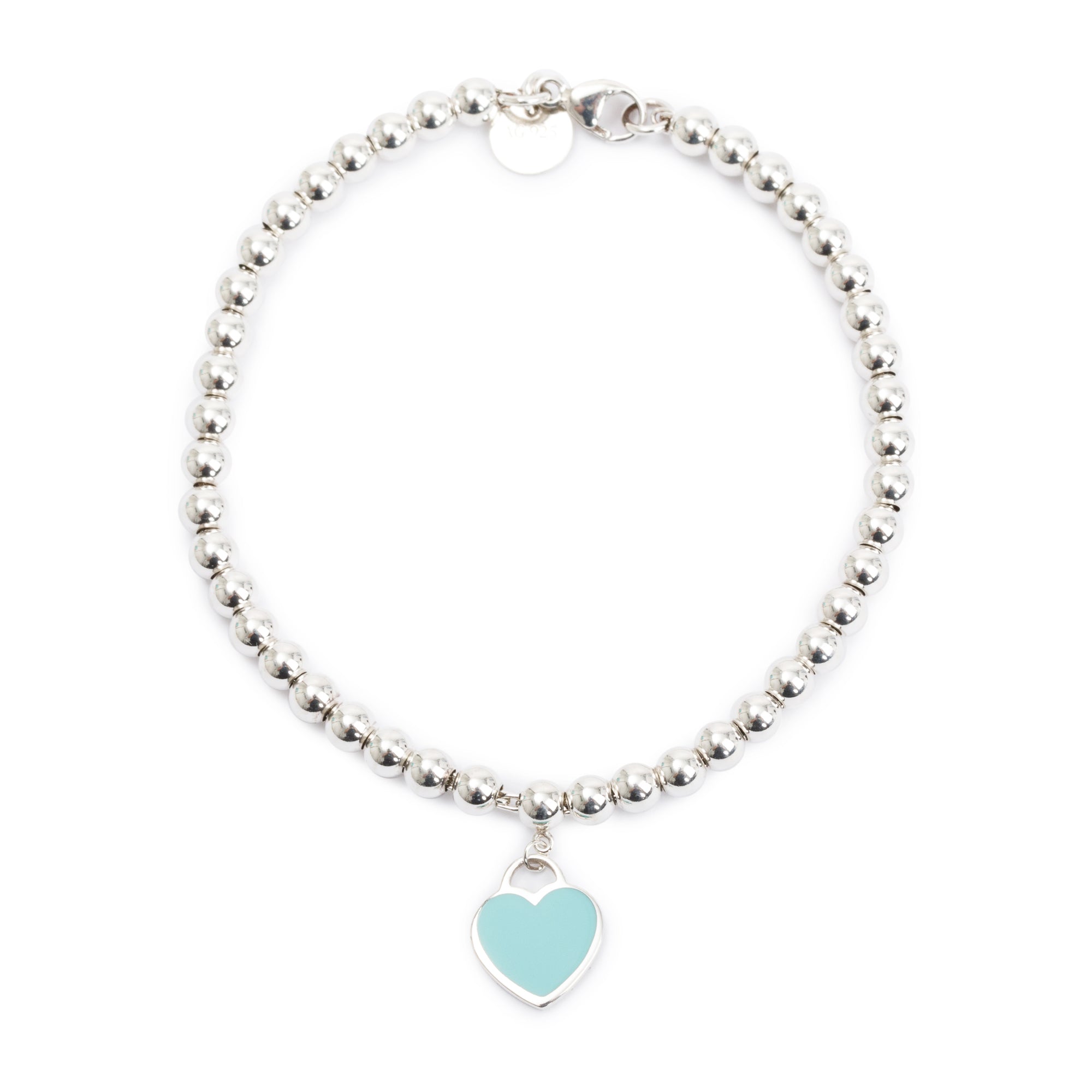 Tiffany & Co. Sterling Silver Return to Tiffany Mini Heart Tag 4 MM Bead Bracelet with Blue Enamel