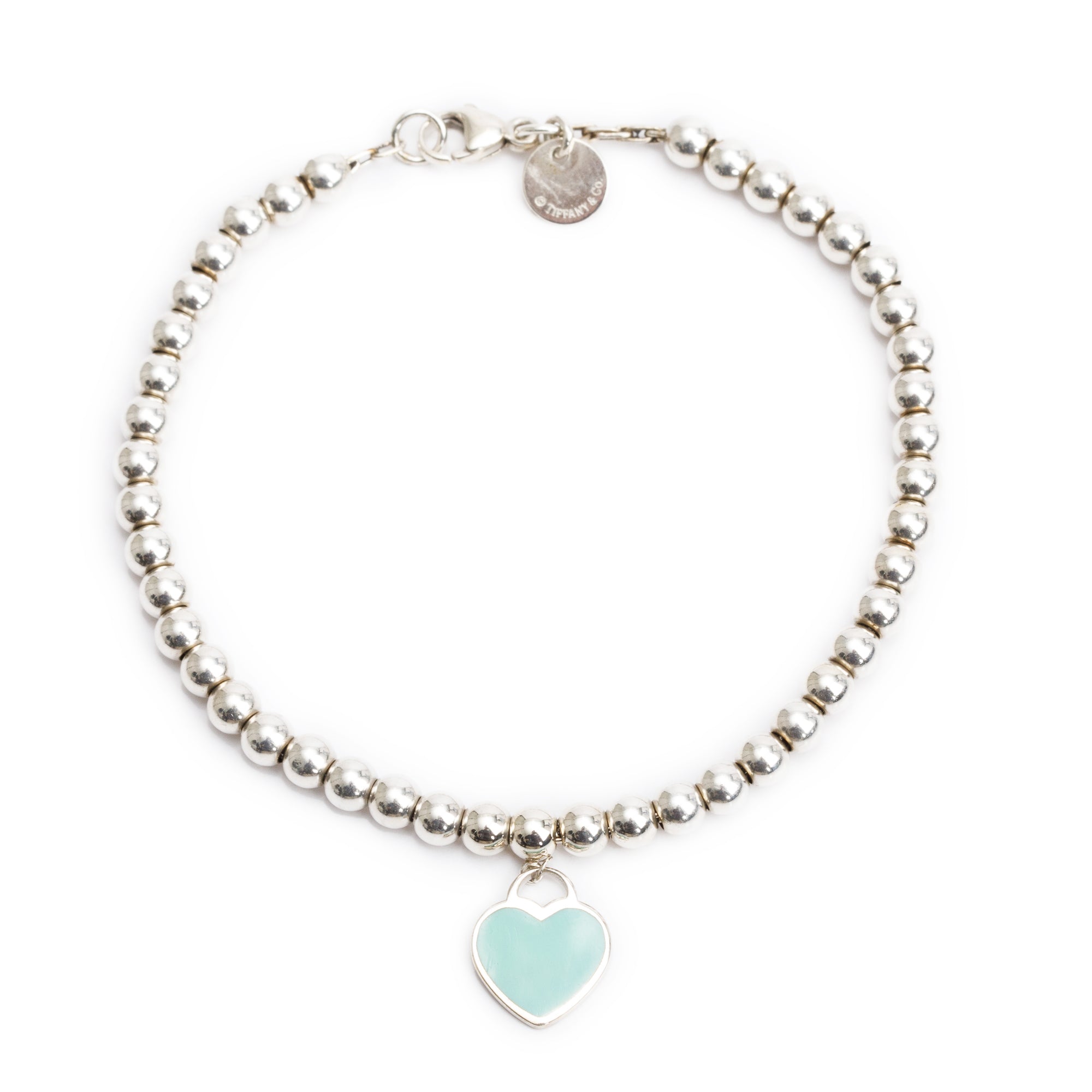 Tiffany & Co. Sterling Silver Return to Tiffany Mini Heart Tag 4 MM Bead Bracelet with Blue Enamel