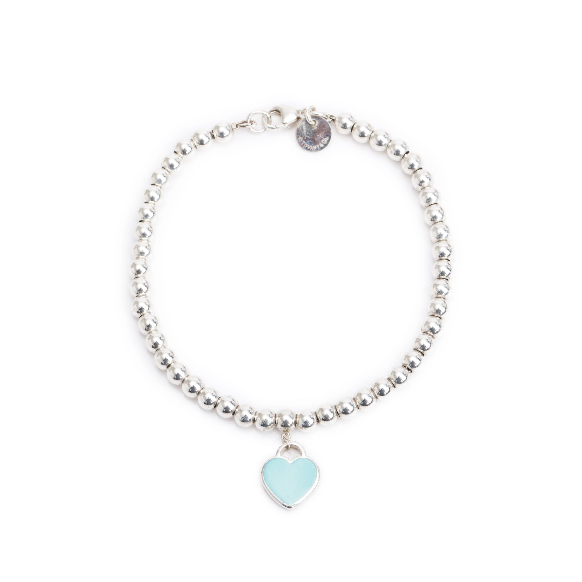 Tiffany & Co. Sterling Silver Return to Tiffany Mini Heart Tag 4 MM Bead Bracelet with Diamond & Blue Enamel