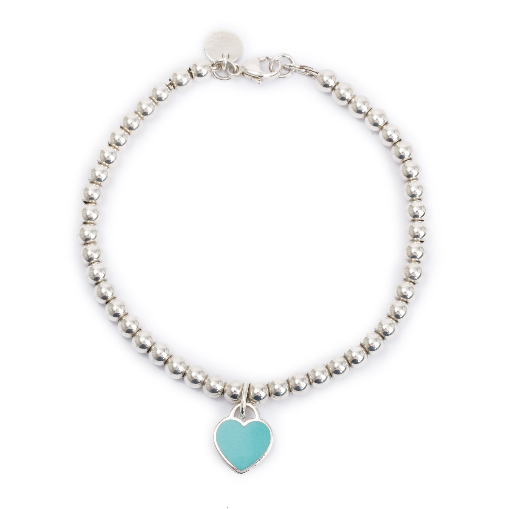Tiffany & Co. Sterling Silver Return to Tiffany Mini Heart Tag 4 MM Bead Bracelet with Diamond & Blue Enamel