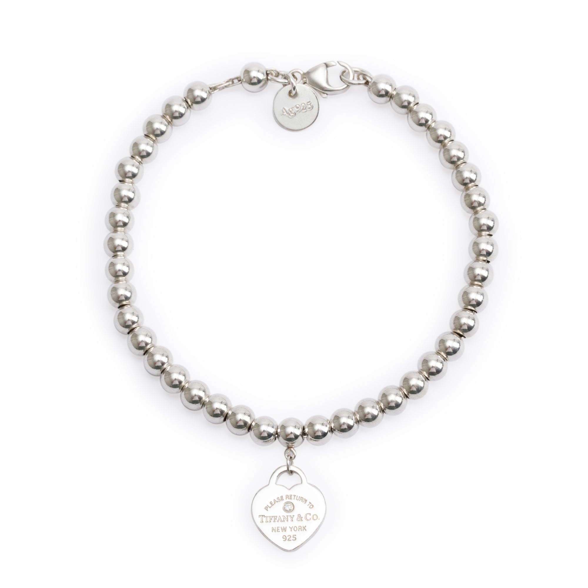 Tiffany & Co. Sterling Silver Return to Tiffany Mini Heart Tag 4 MM Bead Bracelet with Diamond