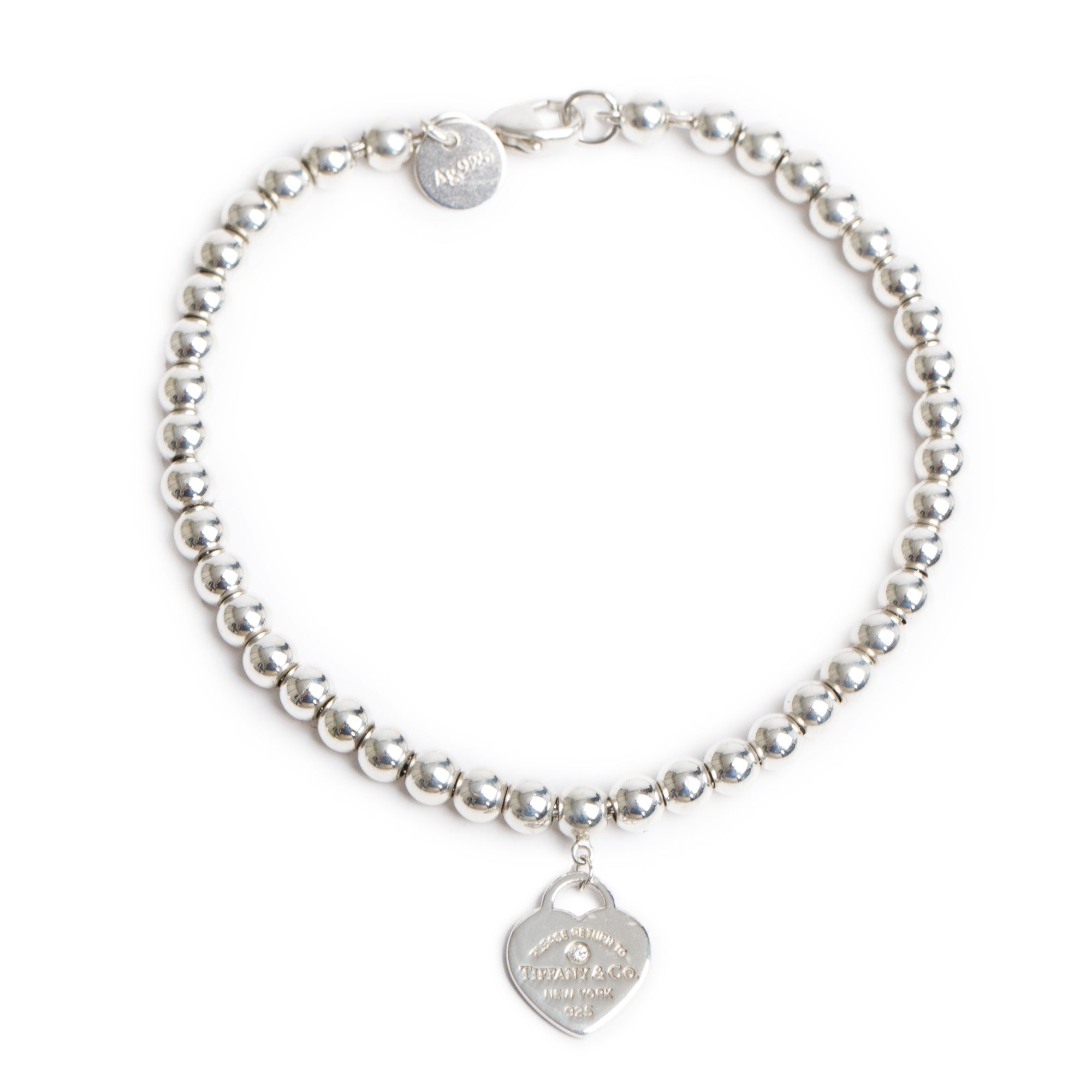 Tiffany & Co. Sterling Silver Return to Tiffany Mini Heart Tag 4 MM Bead Bracelet with Diamond