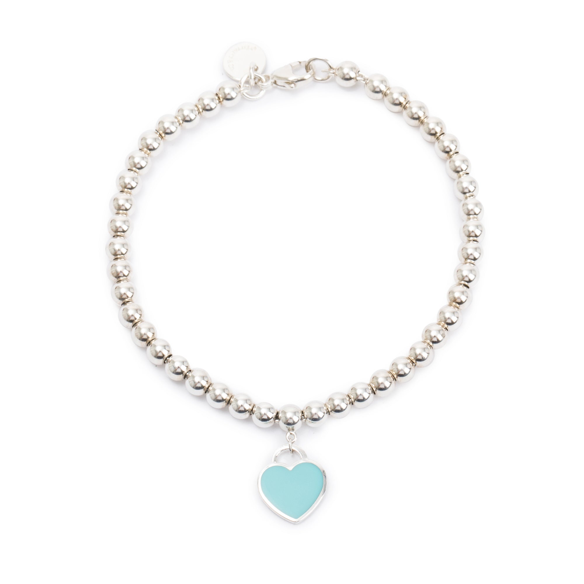 Tiffany & Co. Sterling Silver Return to Tiffany Mini Heart Tag 4MM Bead Bracelet with Blue Enamel
