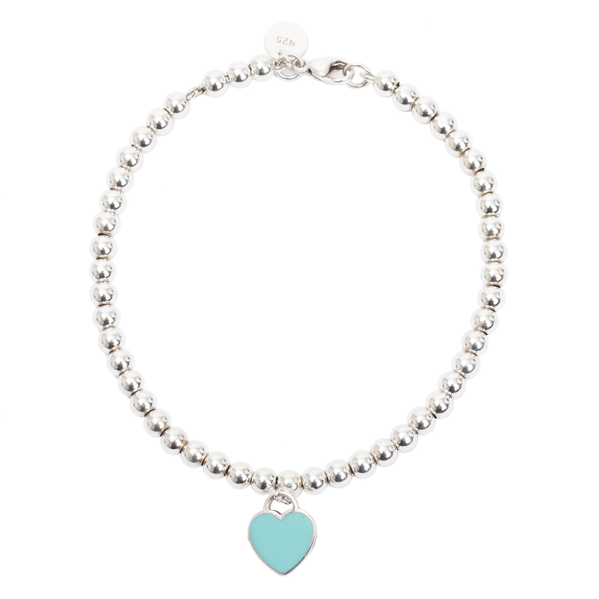 Tiffany & Co. Sterling Silver Return to Tiffany Mini Heart Tag 4MM Bead Bracelet with Blue Enamel