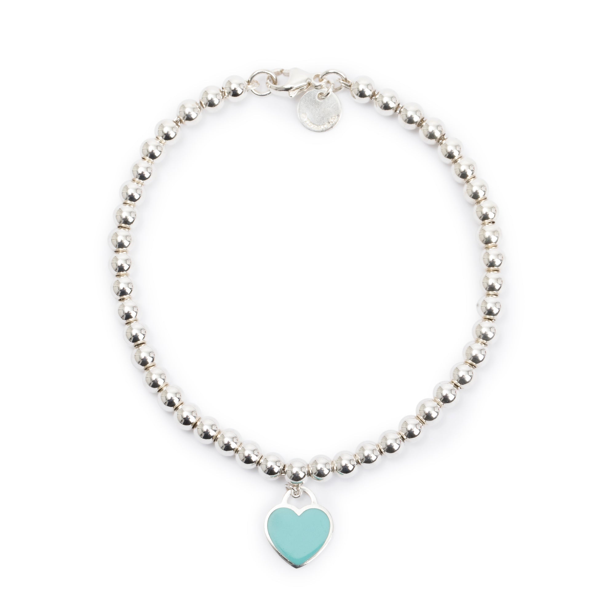 Tiffany & Co. Sterling Silver Return to Tiffany Mini Heart Tag 4MM Bead Bracelet with Blue Enamel