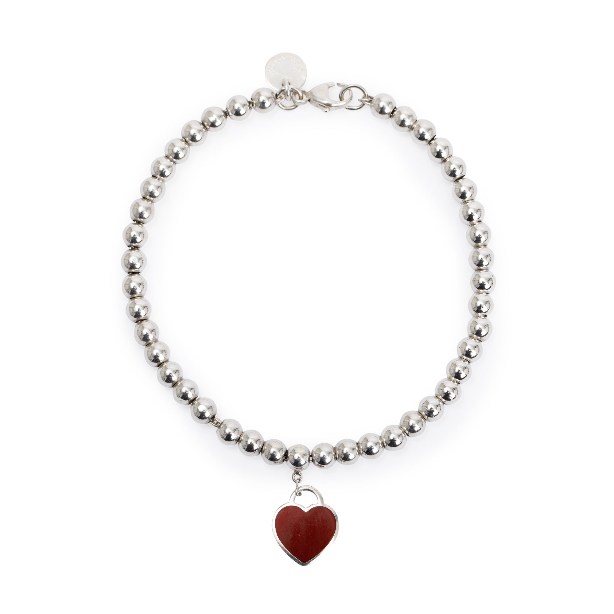 Tiffany & Co. Sterling Silver Return to Tiffany Mini Heart Tag 4MM Bead Bracelet with Red Enamel