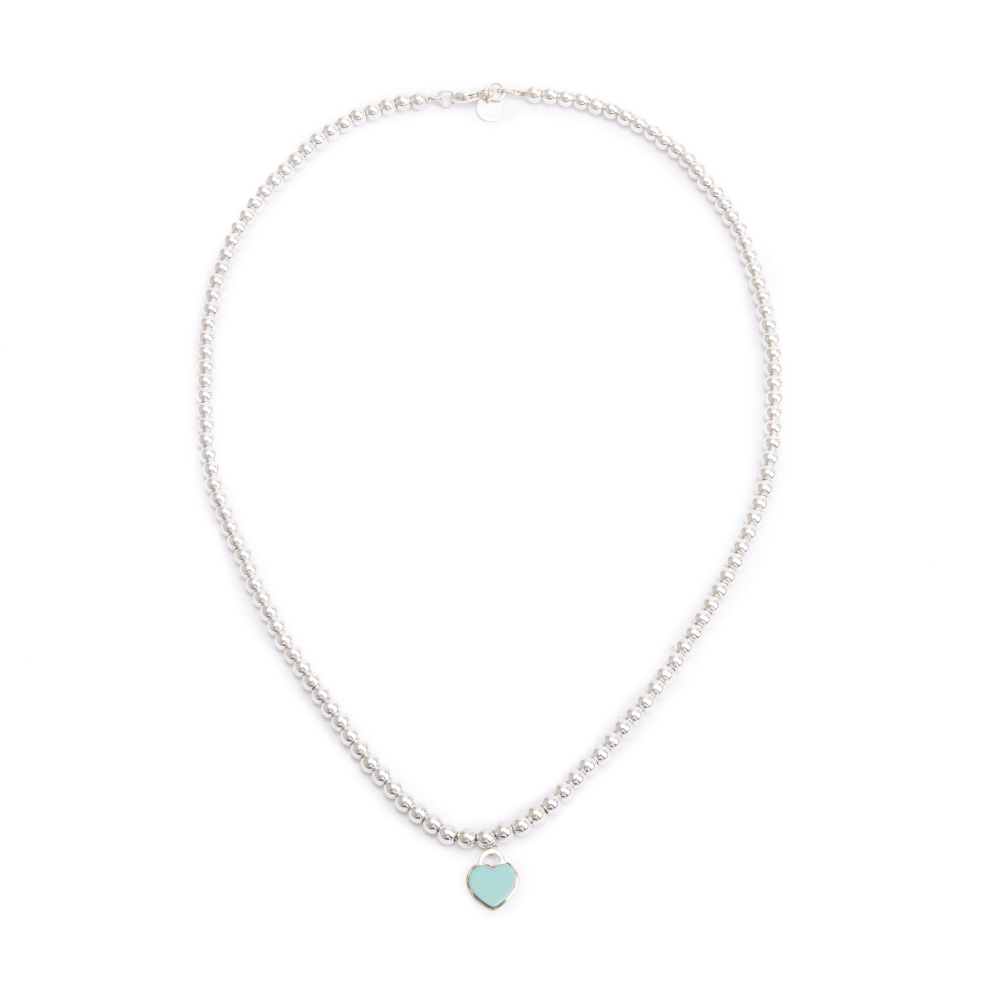 Tiffany & Co. Sterling Silver Return to Tiffany Mini Heart Tag 4MM Bead Necklace with Blue Enamel