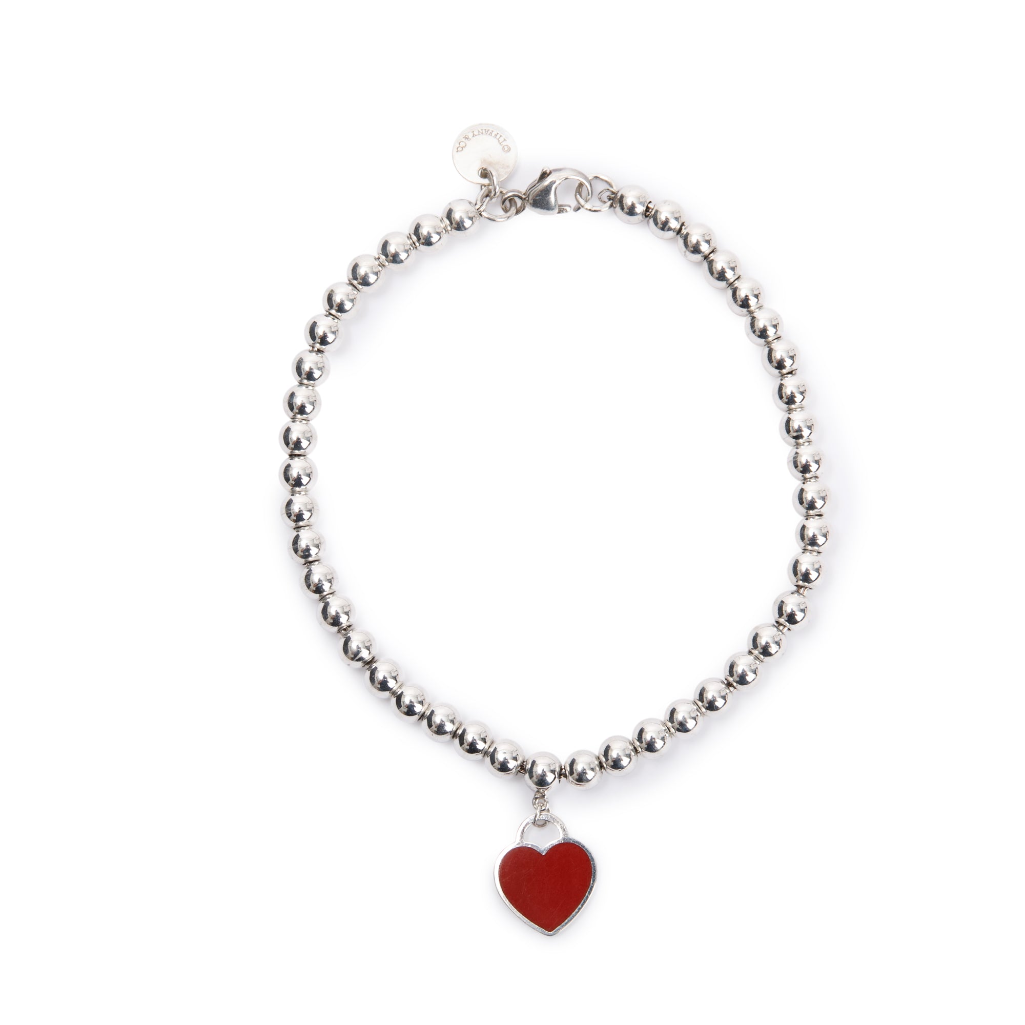 Tiffany & Co. Sterling Silver Return to Tiffany Mini Heart Tag Bead Bracelet with Red Enamel