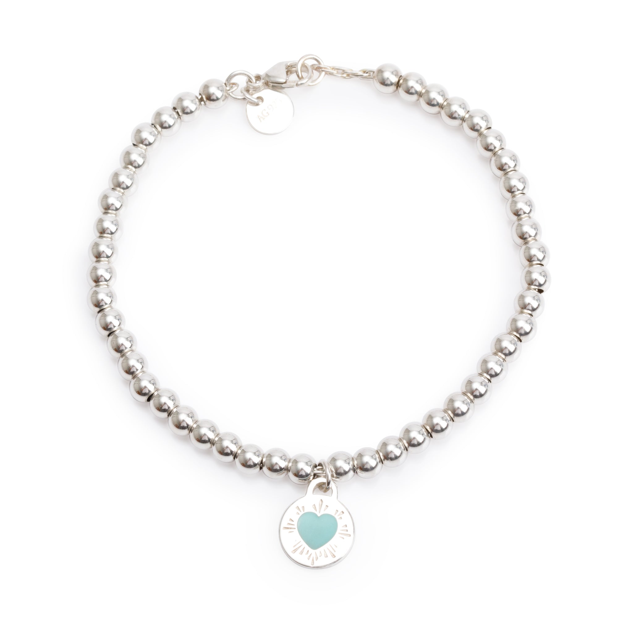 Tiffany & Co. Sterling Silver Return to Tiffany Mini Round Tag 4 MM Bead Bracelet with Blue Enamel