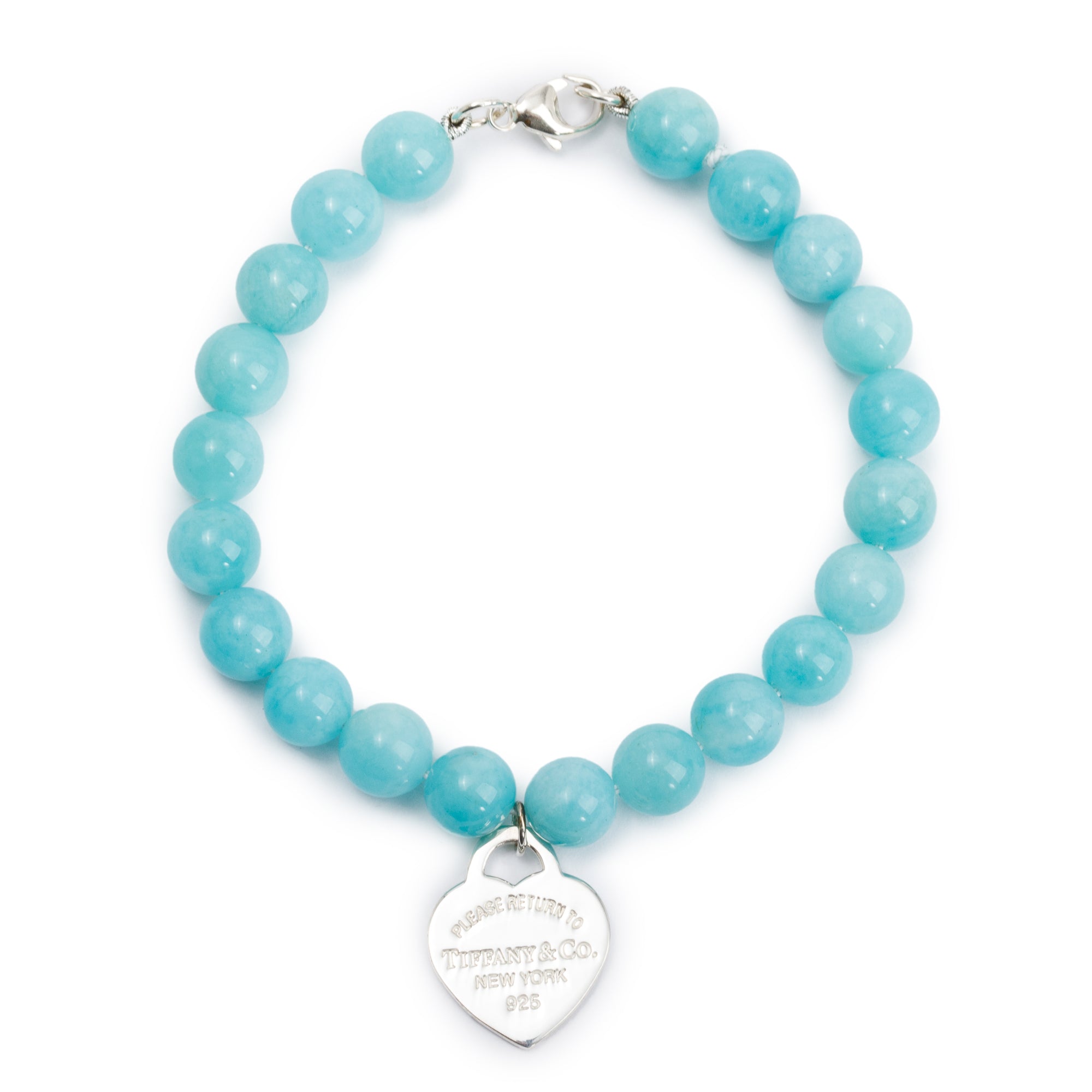 Tiffany & Co. Sterling Silver Return to Tiffany Small Heart Tag 8 MM Amazonite Bead Bracelet w/ Box