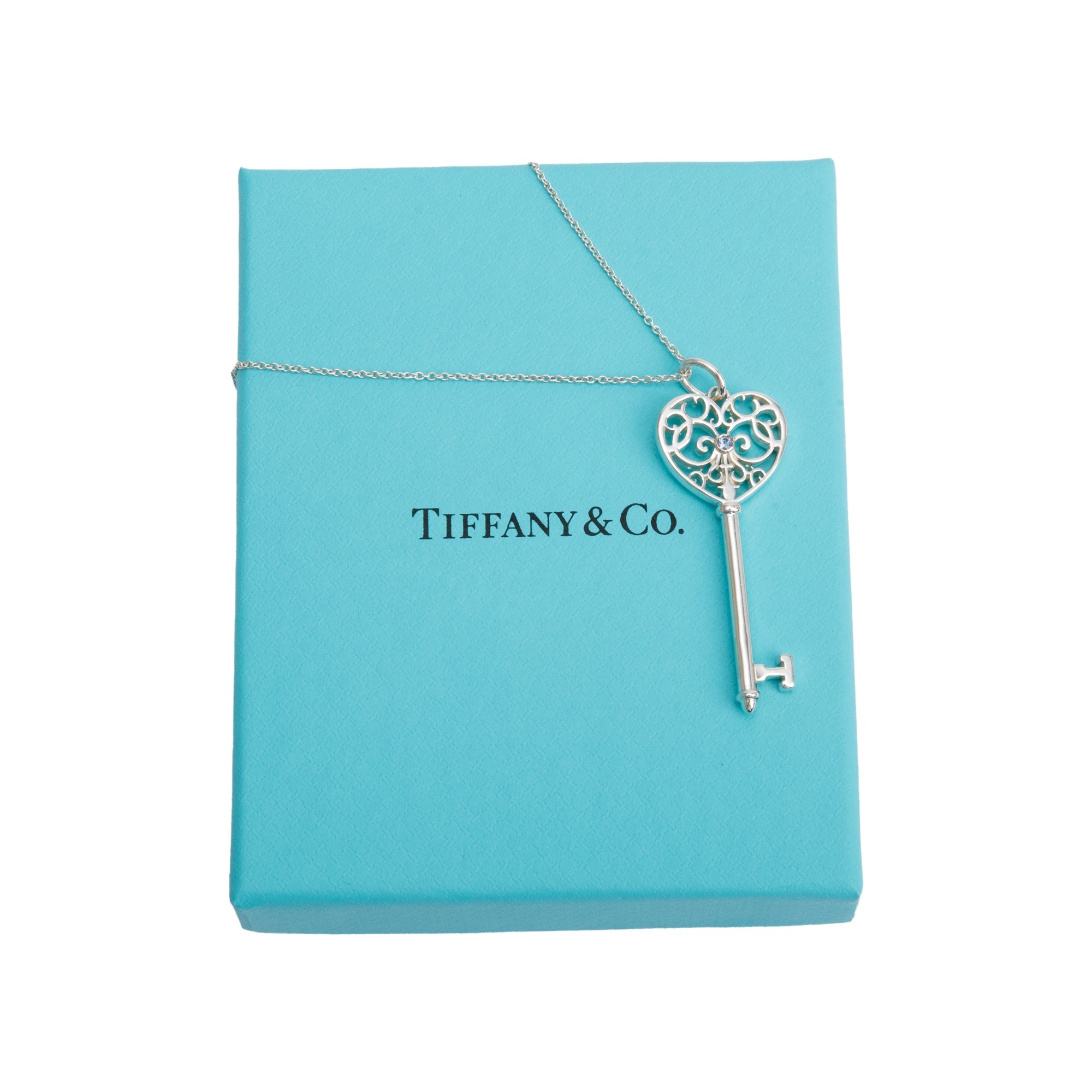 Tiffany & Co. Sterling Silver Sapphire Enchant Heart Key Pendant Necklace w/ Box & Receipt