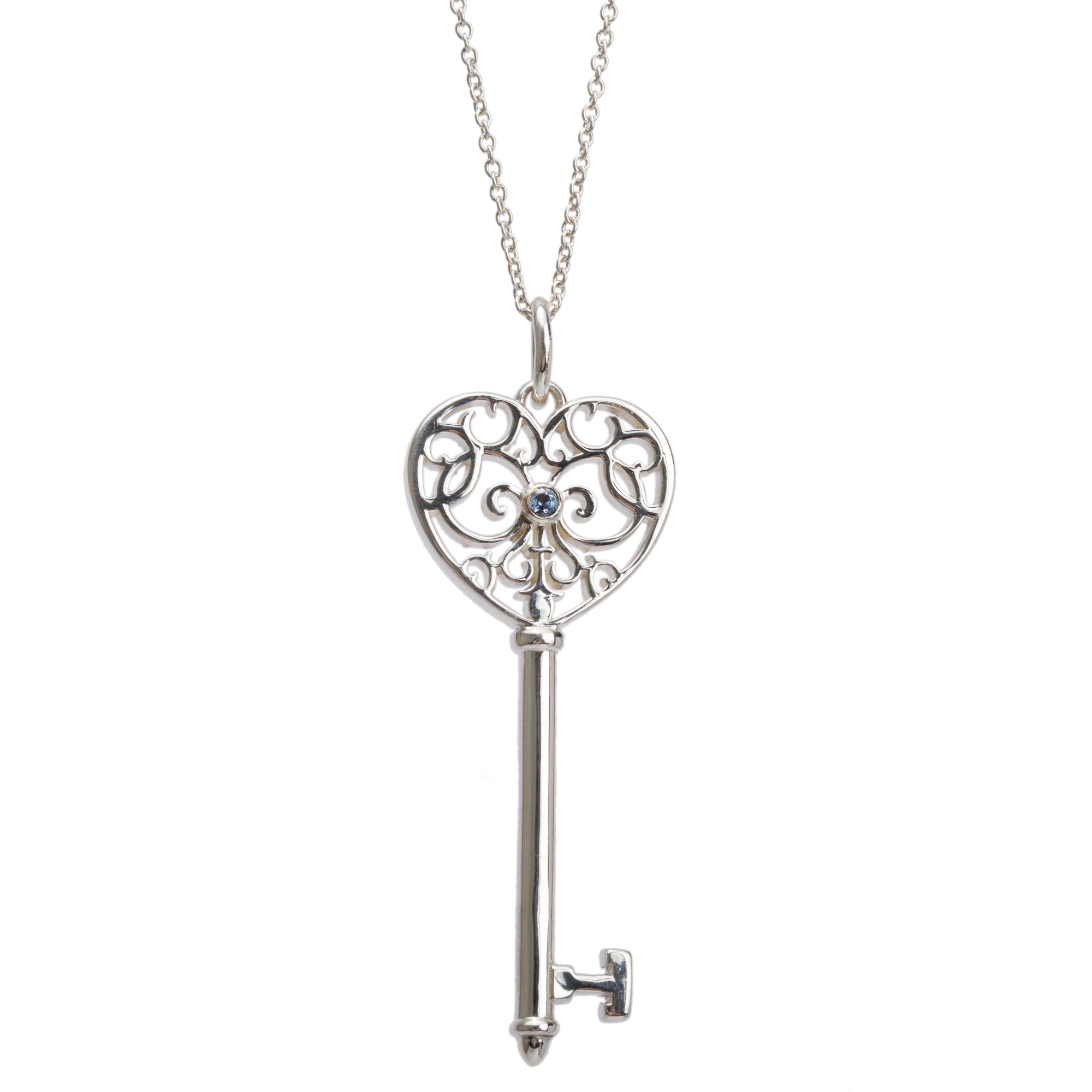 Tiffany & Co. Sterling Silver Sapphire Enchant Heart Key Pendant Necklace w/ Box & Receipt