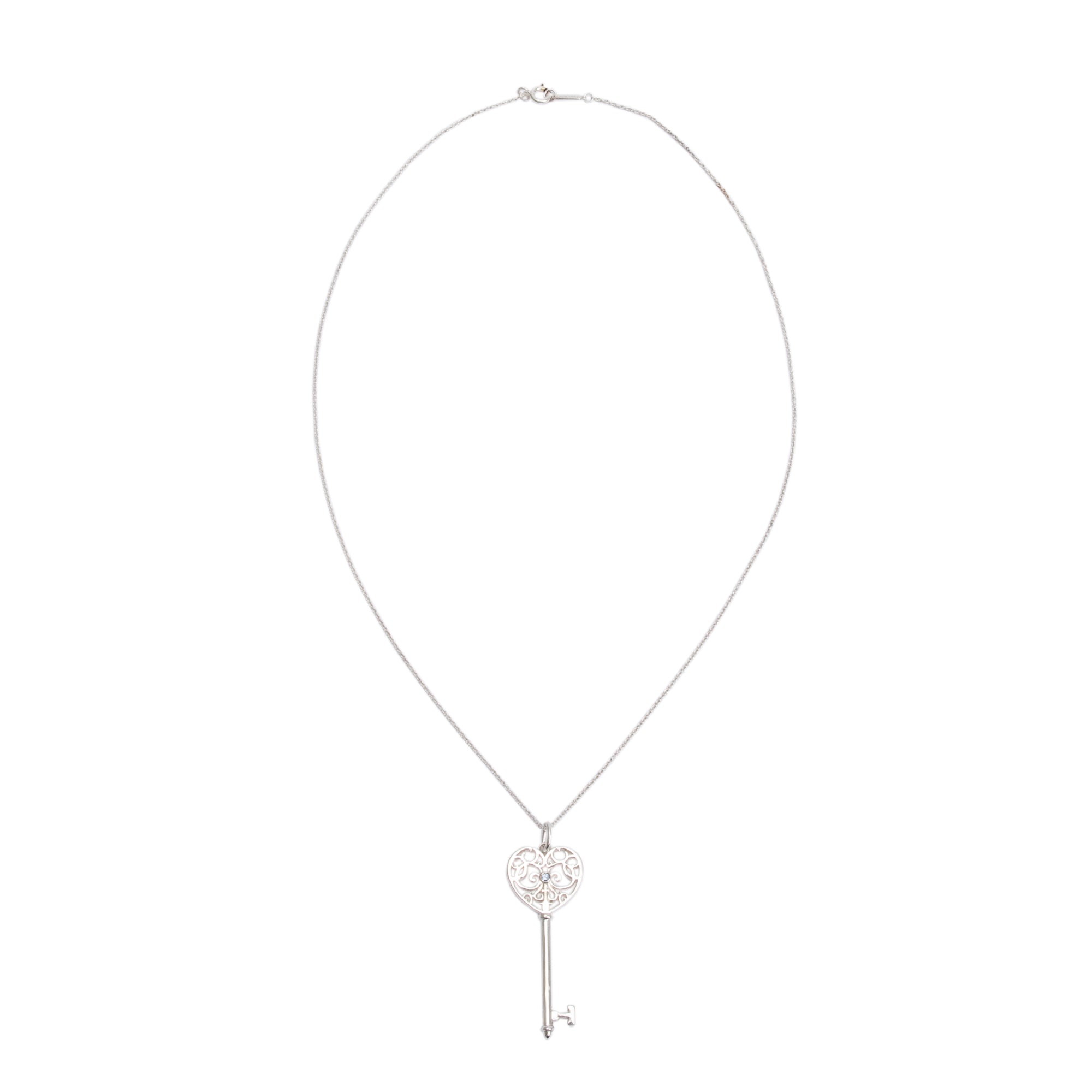 Tiffany & Co. Sterling Silver Sapphire Enchant Heart Key Pendant Necklace w/ Box & Receipt