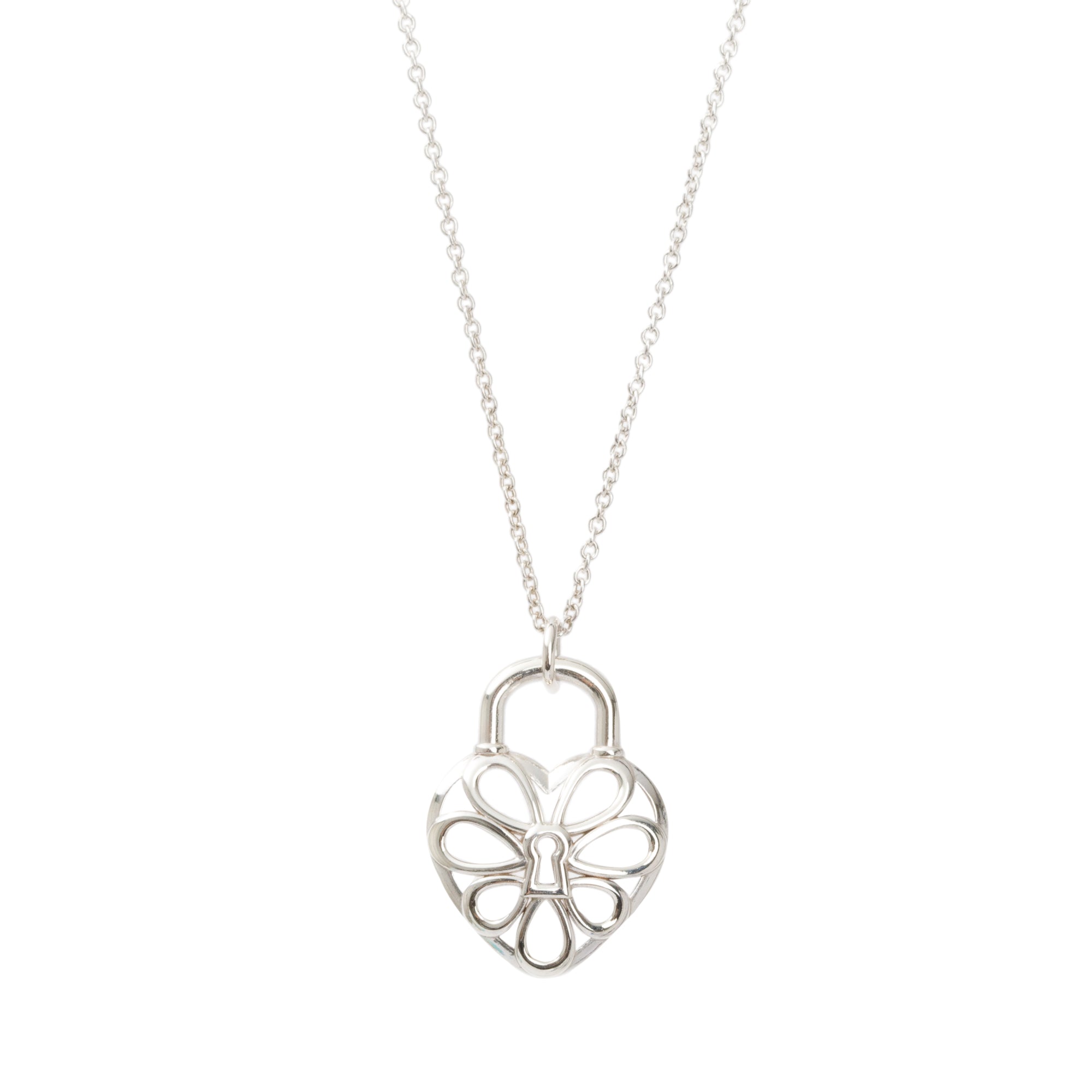 Tiffany & Co. Sterling Silver Small Filigree Heart Lock Pendant Necklace