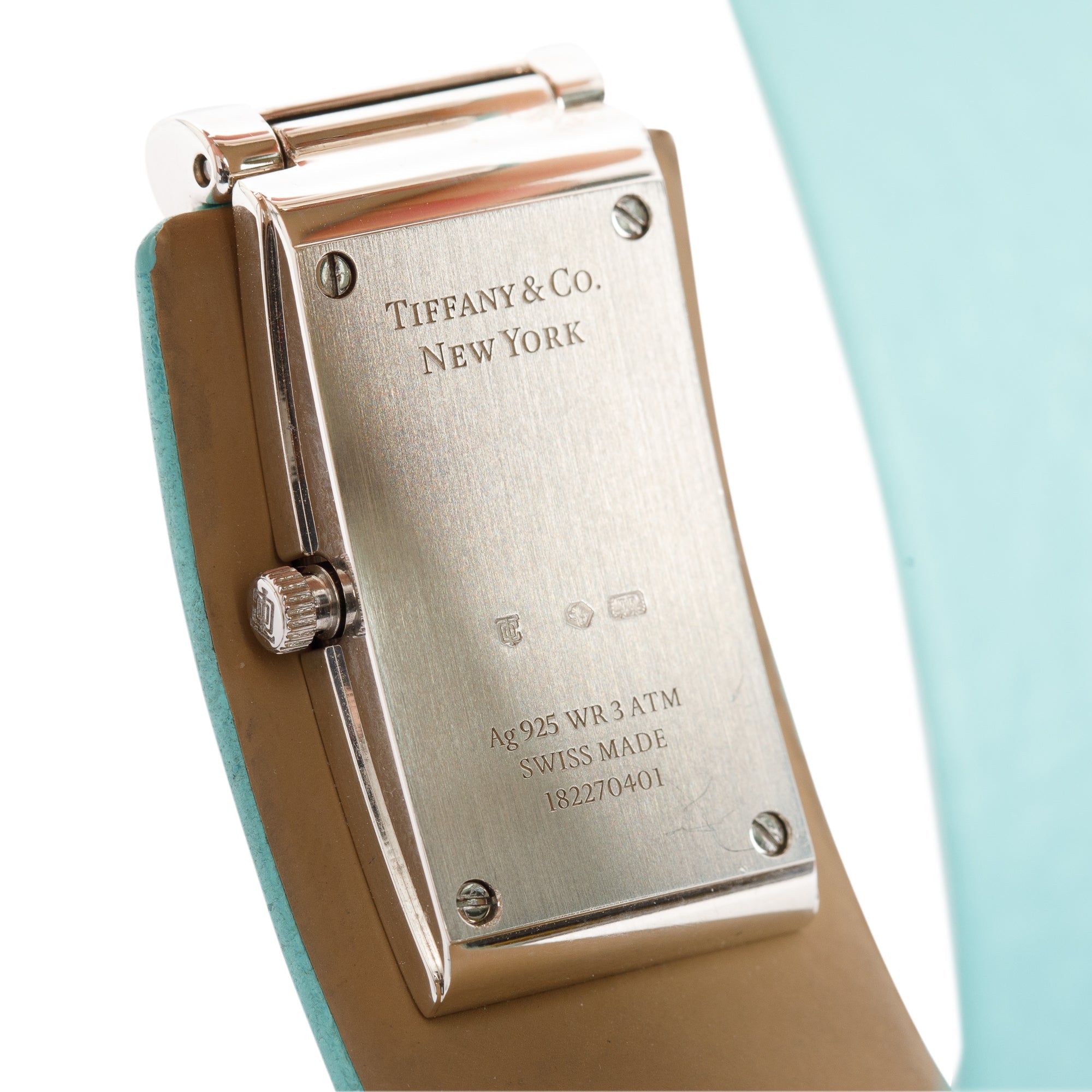 Tiffany & Co. Sterling Silver Tiffany Blue Calfskin 15MM T Watch w/ Box & Papers