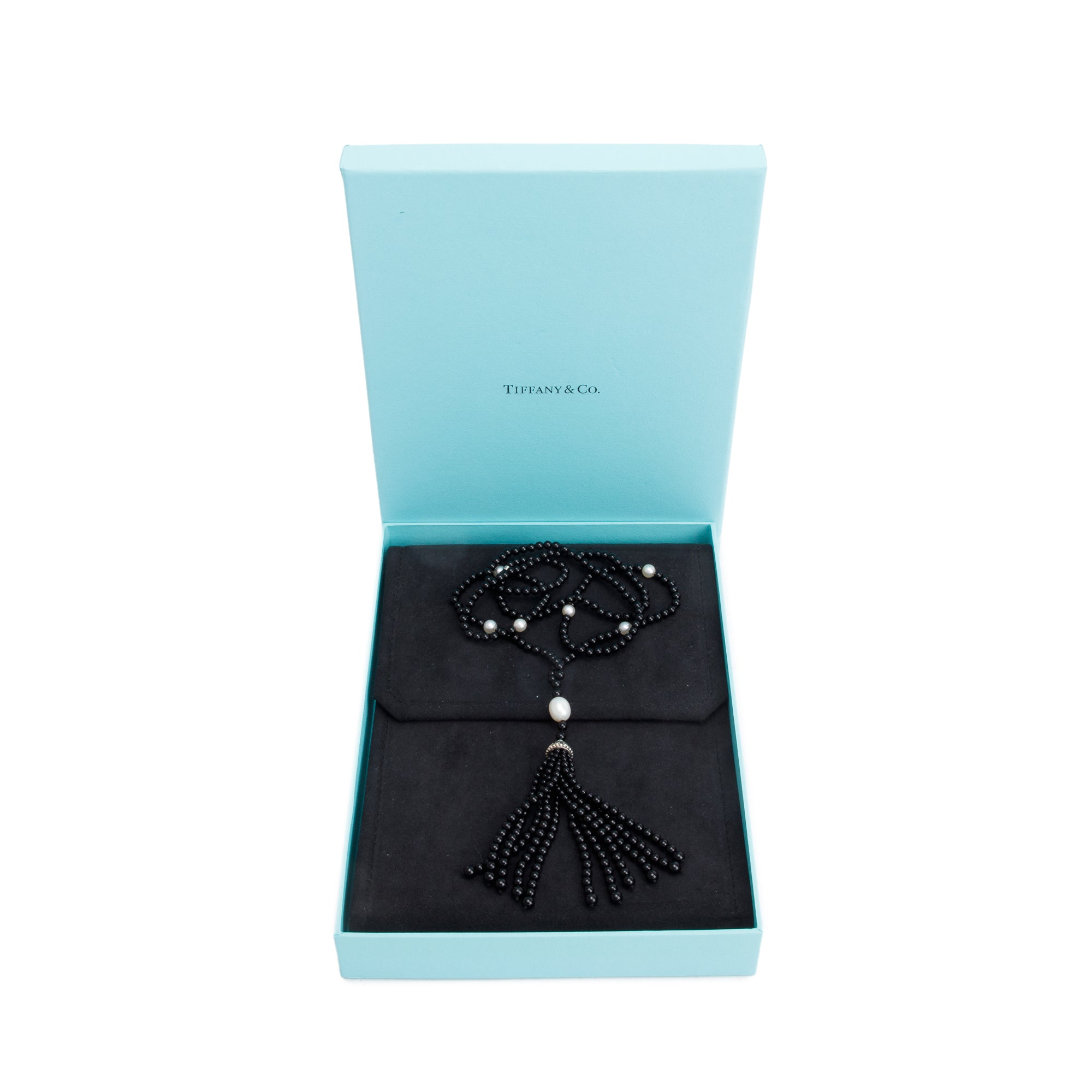 Tiffany & Co. Sterling Silver Ziegfeld Pearl & Onyx Lariat Tassel Necklace w/ Box