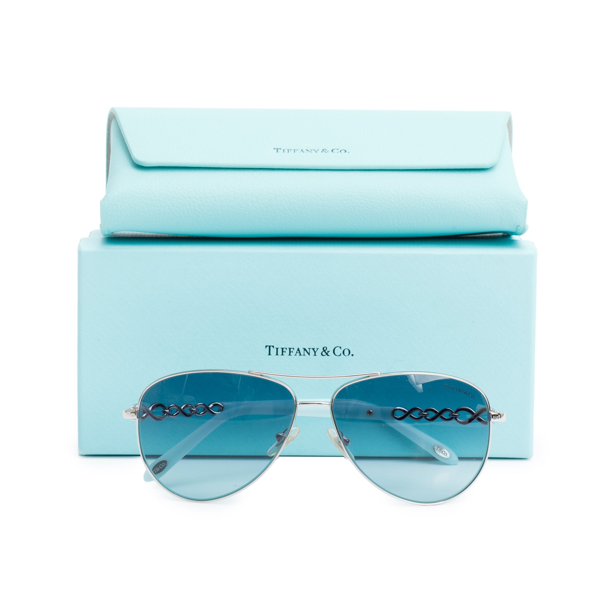 Tiffany & Co. TF 3049-B Silver Tone Metal Blue Acetate Infinity Aviator Sunglasses w/ Box & Case