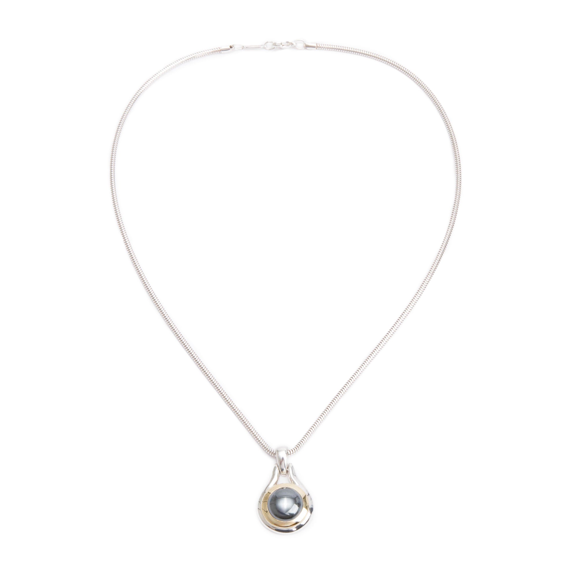 Tiffany & Co. Vintage Sterling Silver & 18k Yellow Gold Hematite Pendant Necklace