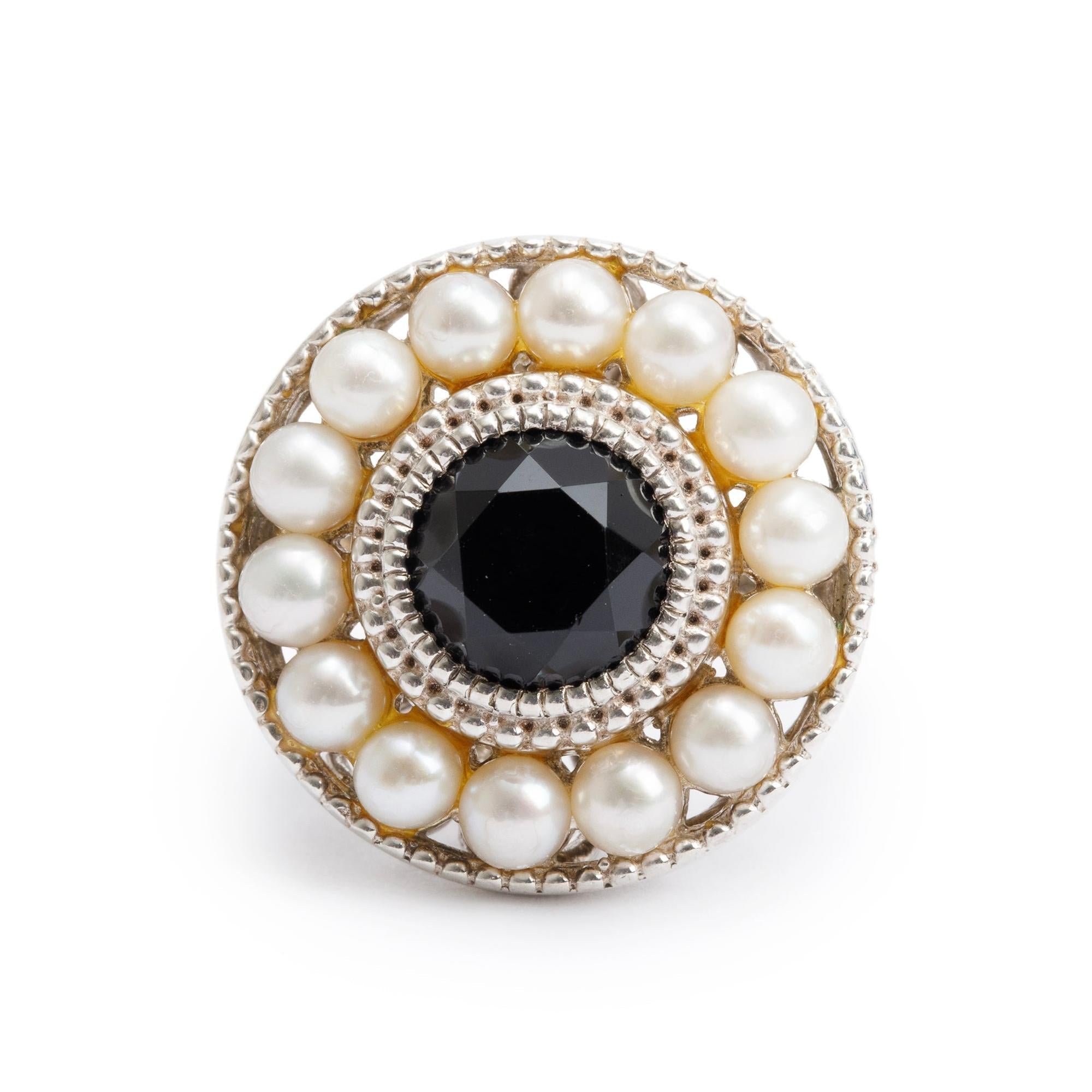 Tiffany & Co. Ziegfeld Collection Sterling Silver Onyx & Pearl Ring, Size 6