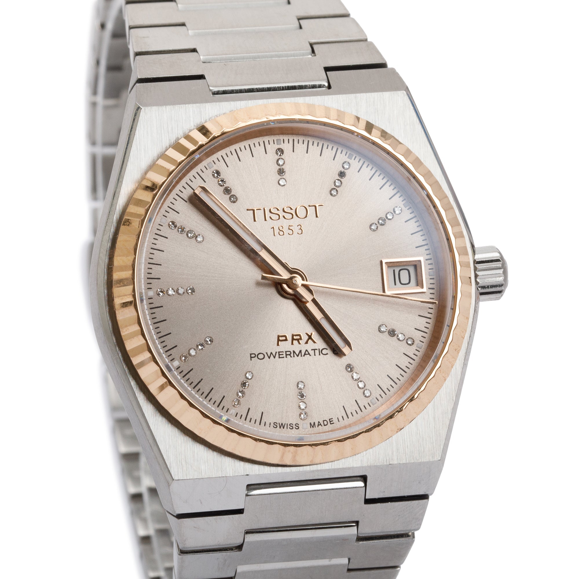 Tissot 2023 Stainless Steel & 18k Rose Gold Diamond Dial PRX 35 MM Automatic Watch w/ Box & Papers
