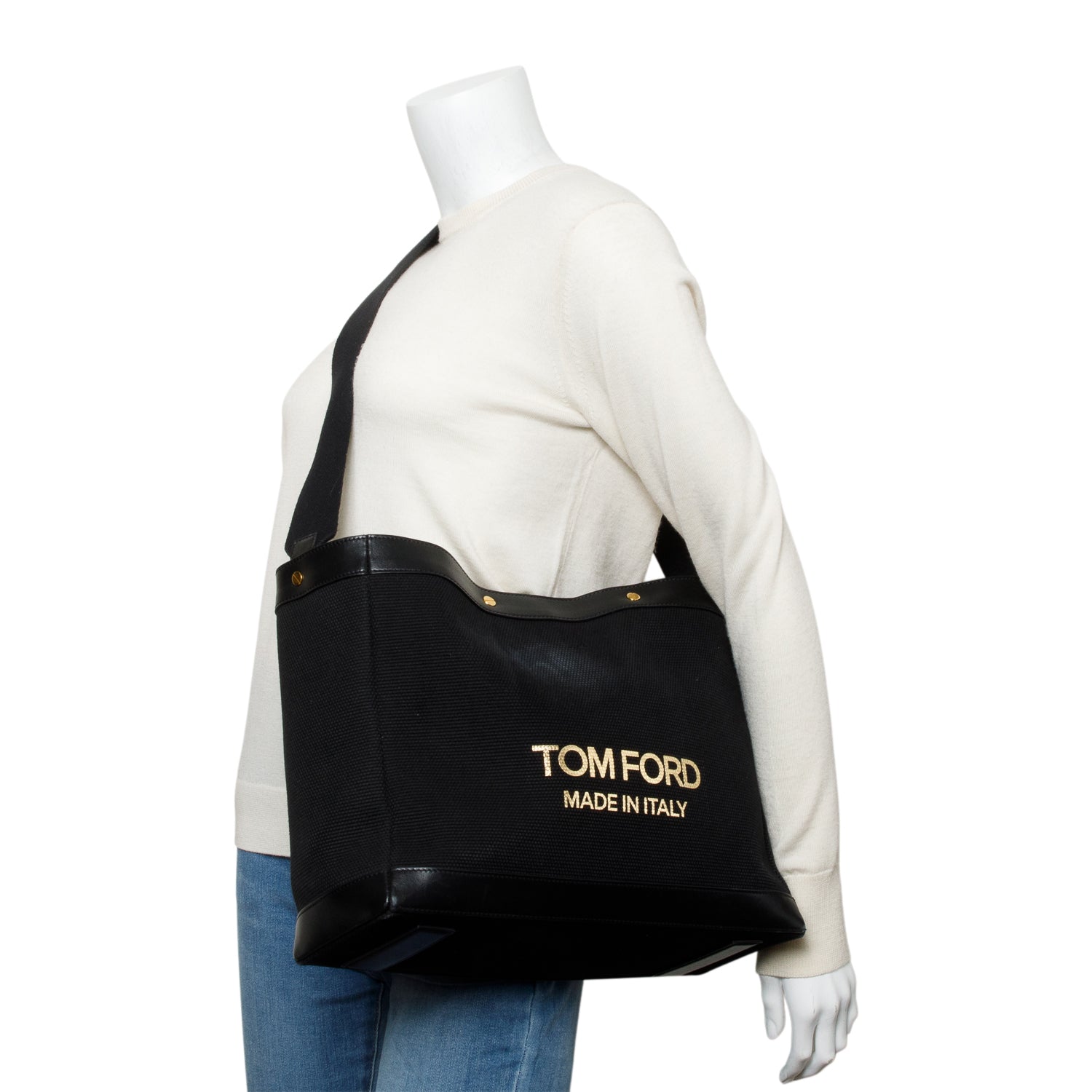 Tom Ford Black Canvas Leather Trim Logo Print Small Tote